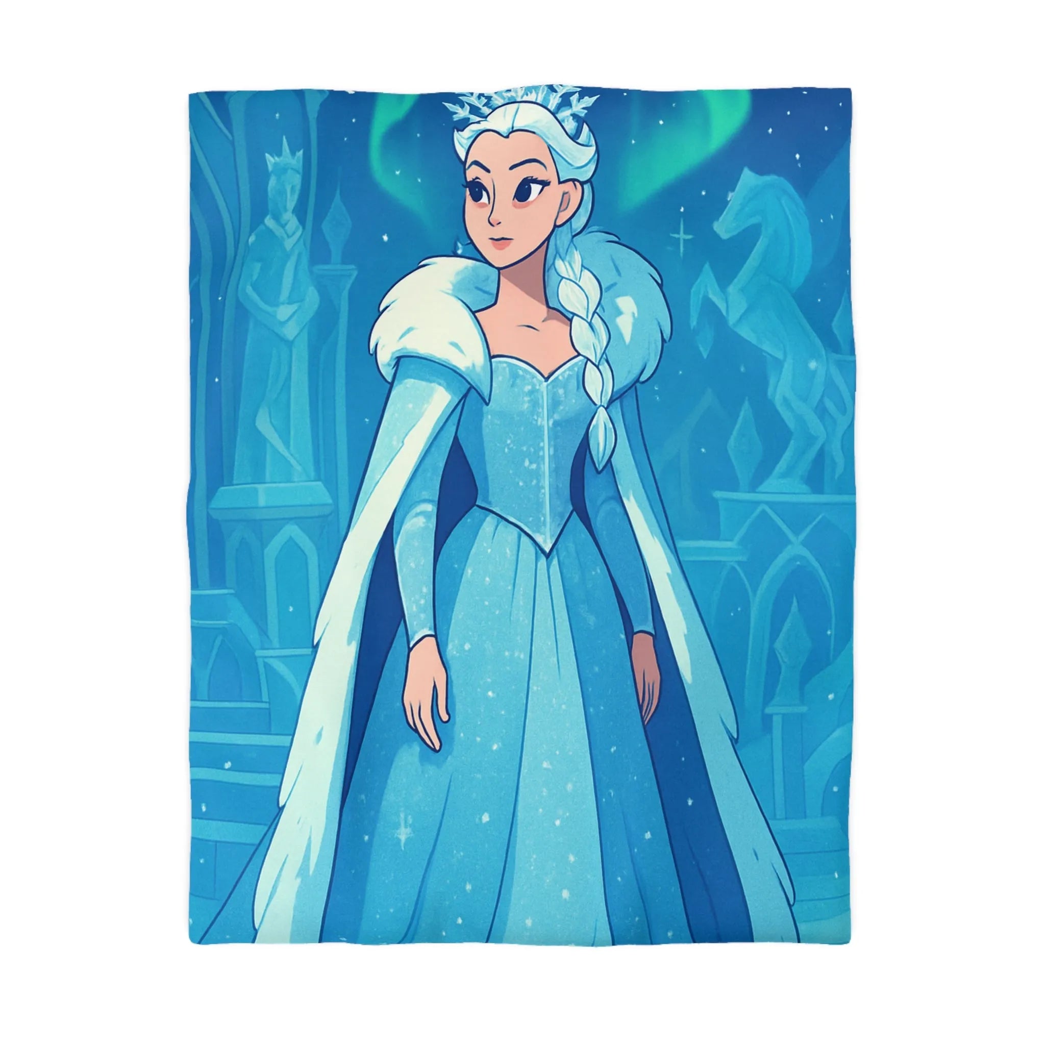 Éblouissante Housse de Couette Reine des Glaces Bleue avec Aurora Boréale et Château