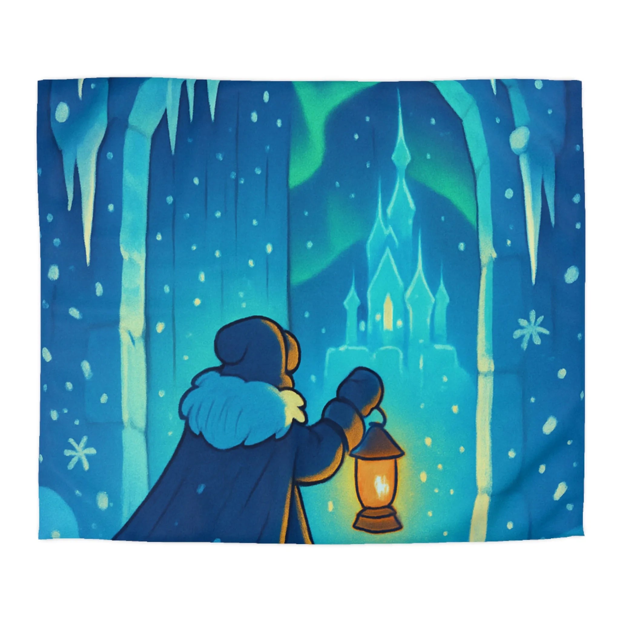 Housse de couette hivernale avec scène lumineuse de paysage enneigé et féérique