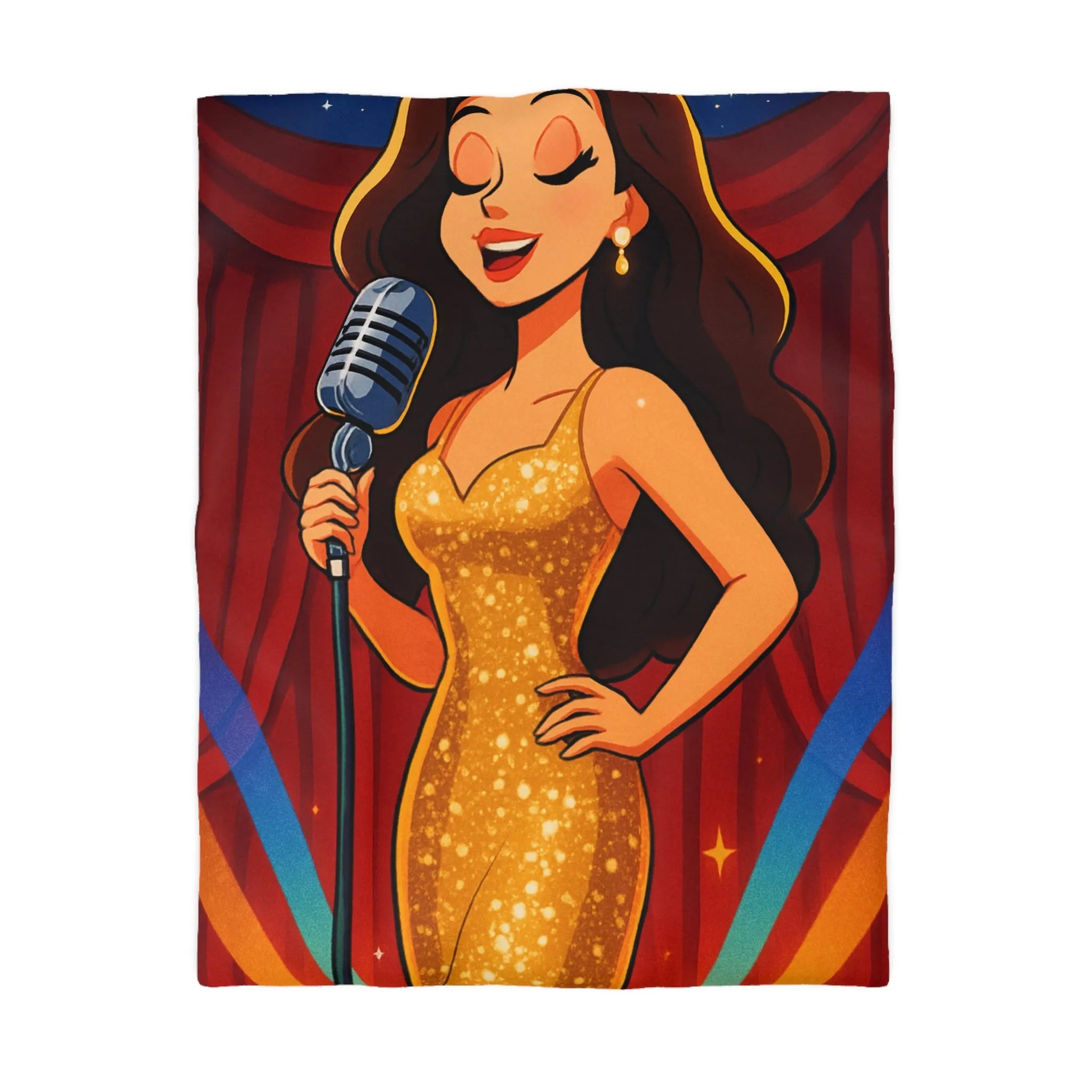 Housse de couette glamour dorée avec chanteuse rétro, étoiles et micro vintage