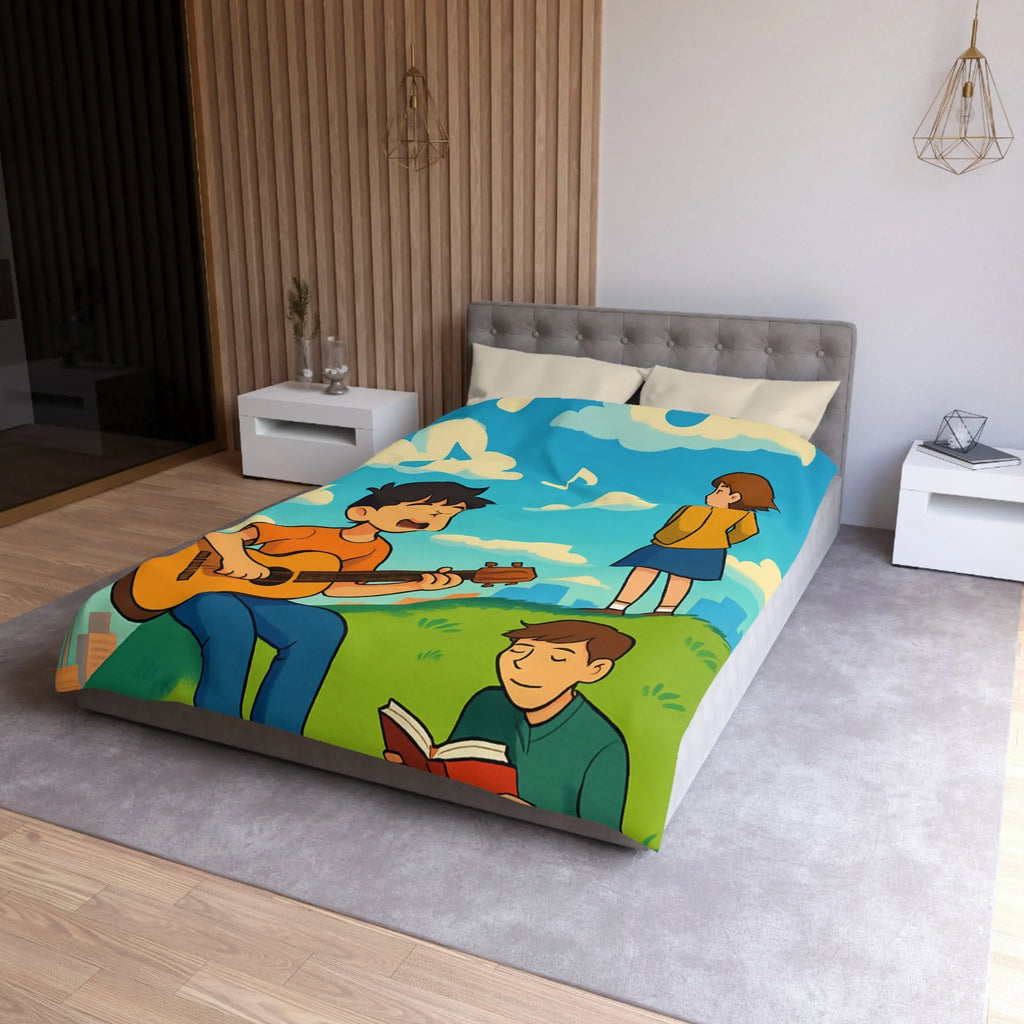 Housse de couette avec personnages chantant et lisant sur colline ensoleillée