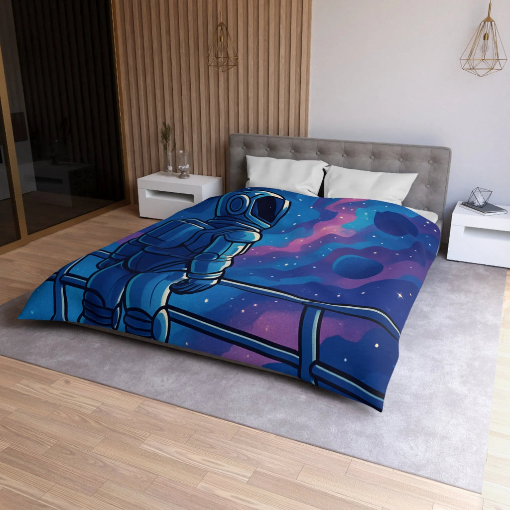 Housse de couette design astronaute contemplant galaxies et planètes dans l'espace infini