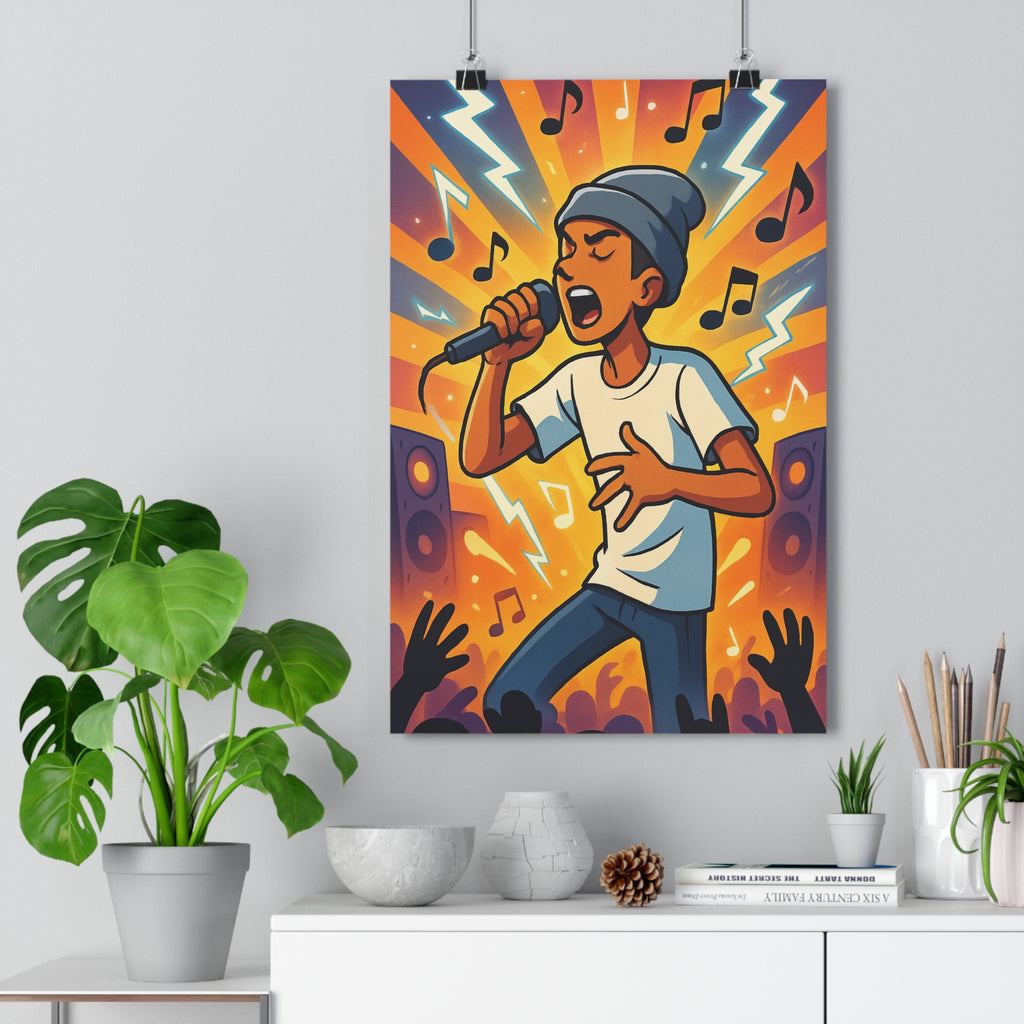 Poster décoratif rappeur musique cartoon lumineux jaune orange bleu dynamique chambre salon 30x46 cm