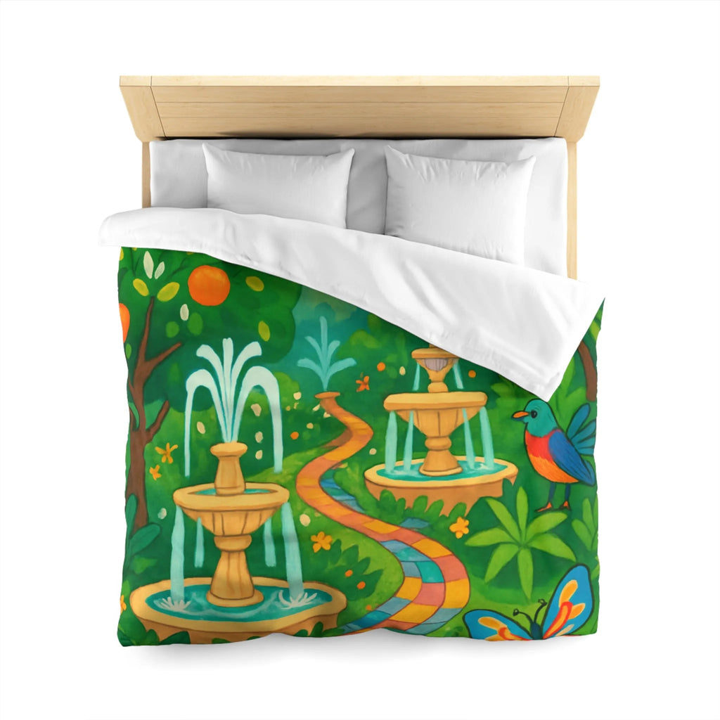 Housse de couette colorée avec oiseaux et fontaines dans jardin tropical vibrant