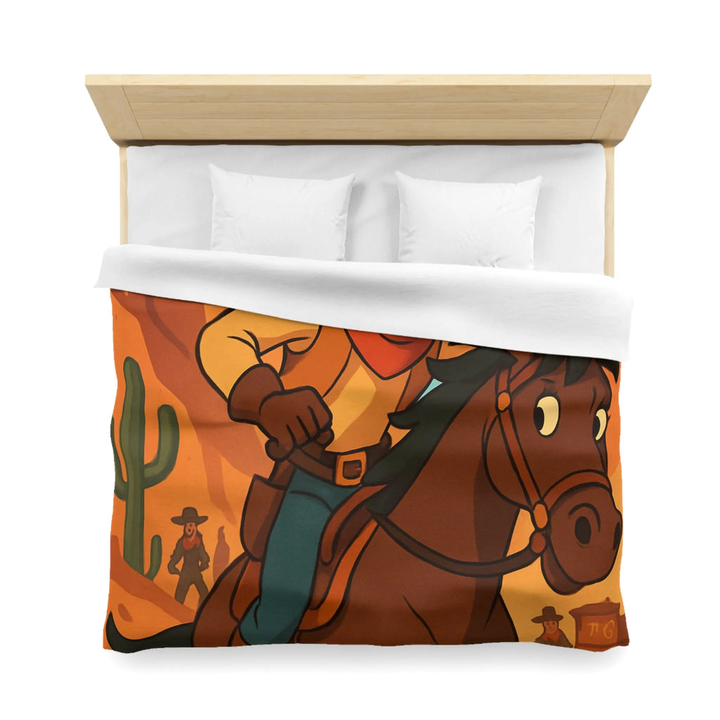 Housse de couette avec cavalier de dessin animé dans paysage désertique occidental