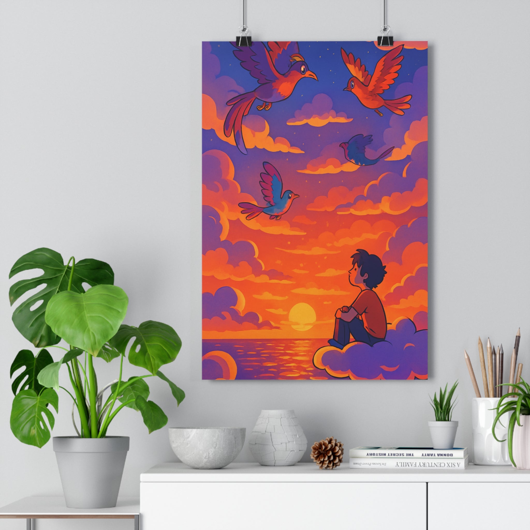 Poster décoratif anime poétique coucher soleil pastel rose orange violet ciel rêveur chambre qualité