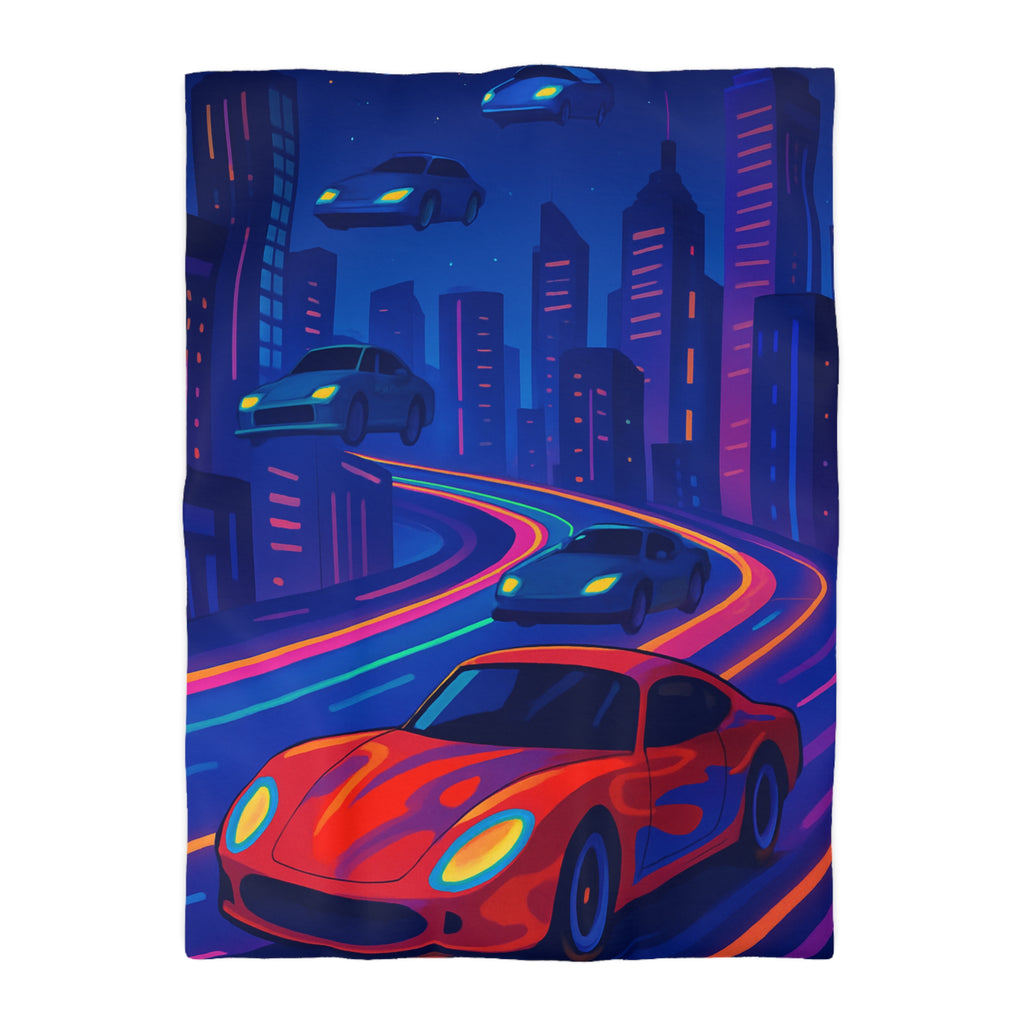 Housse de Couette Ville Futuriste avec Voiture Rouge et Lumières Néon