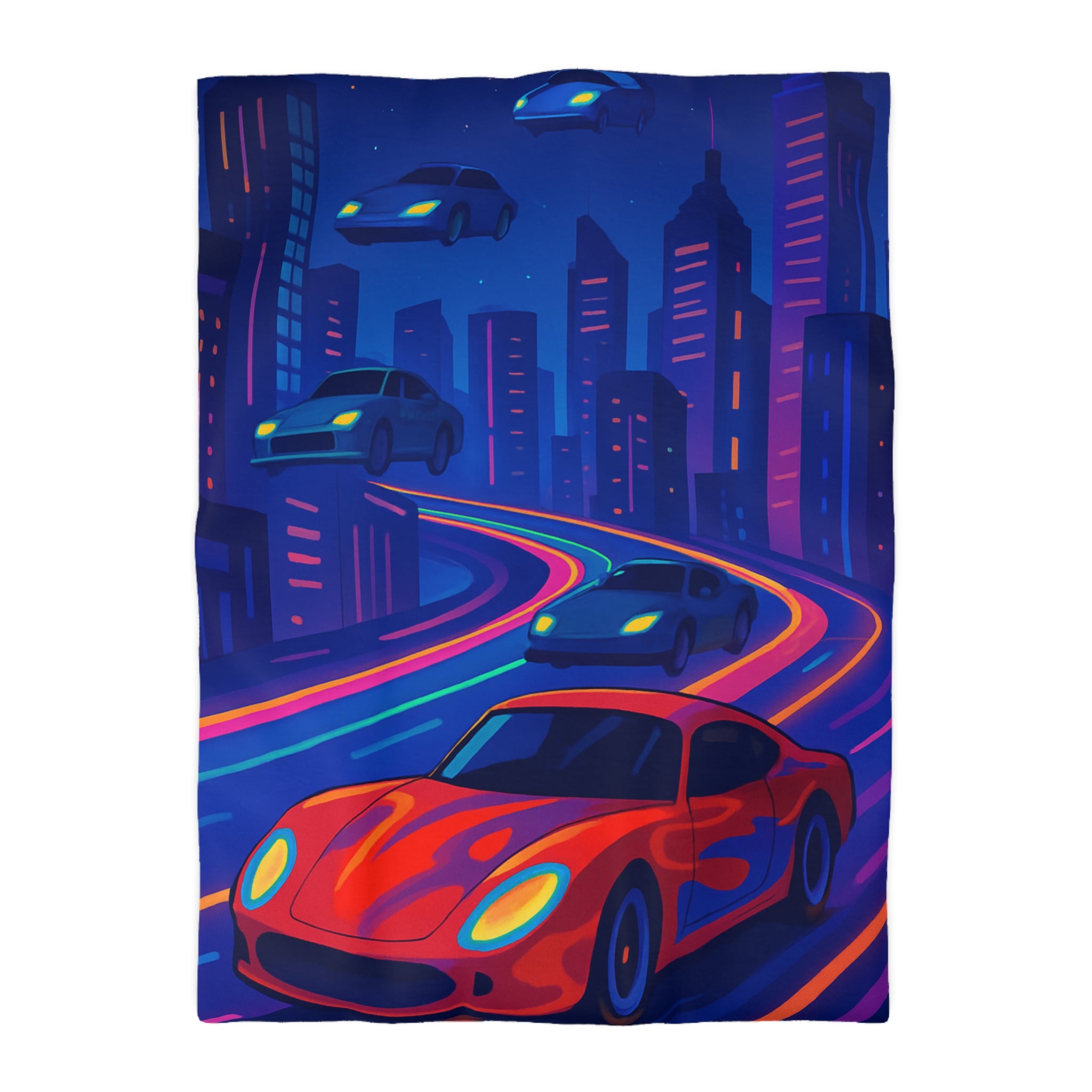 Housse de Couette Ville Futuriste avec Voiture Rouge et Lumières Néon