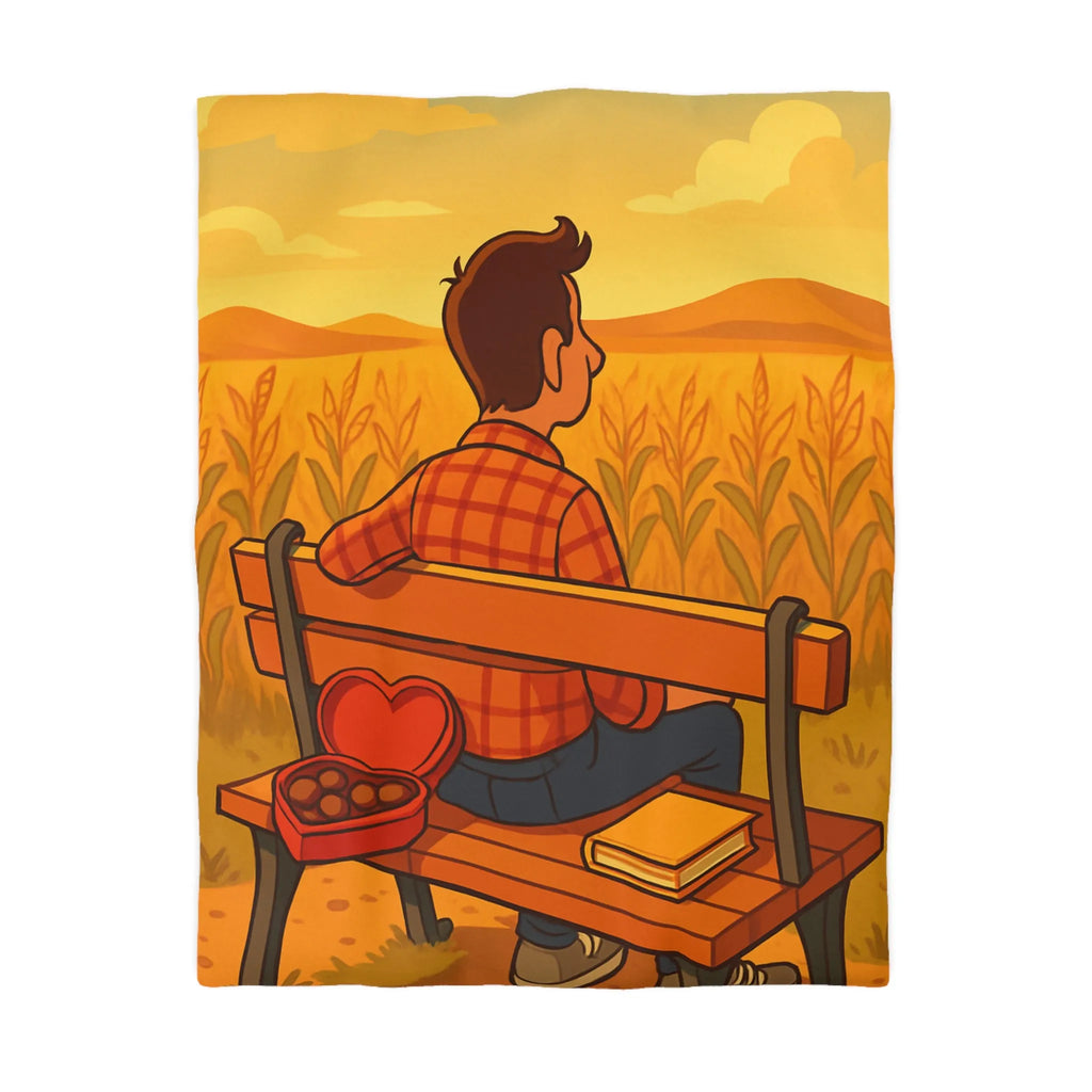 Housse de couette champêtre avec banc en campagne et boîte de chocolats