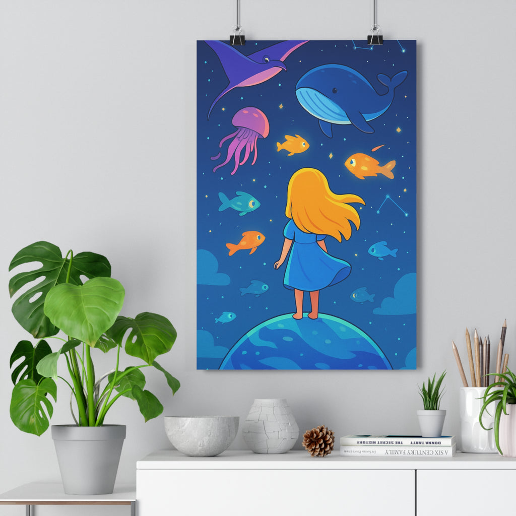 Poster décoratif féerique bleu violet lumineux enfant chambre magique planète animaux ciel étoilé qualité