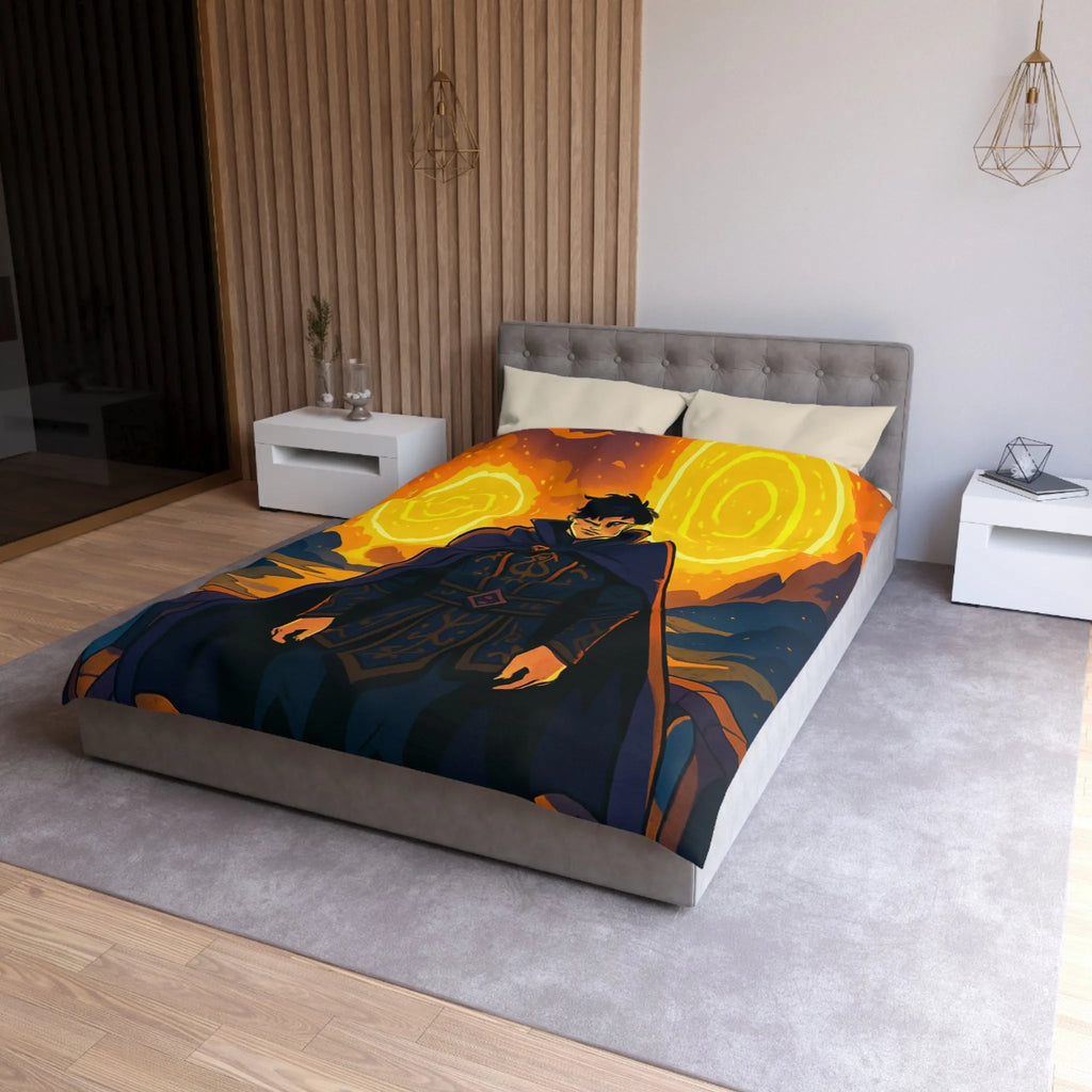 Housse de couette fantastique avec sorcier et portails lumineux dans paysage nocturne magique