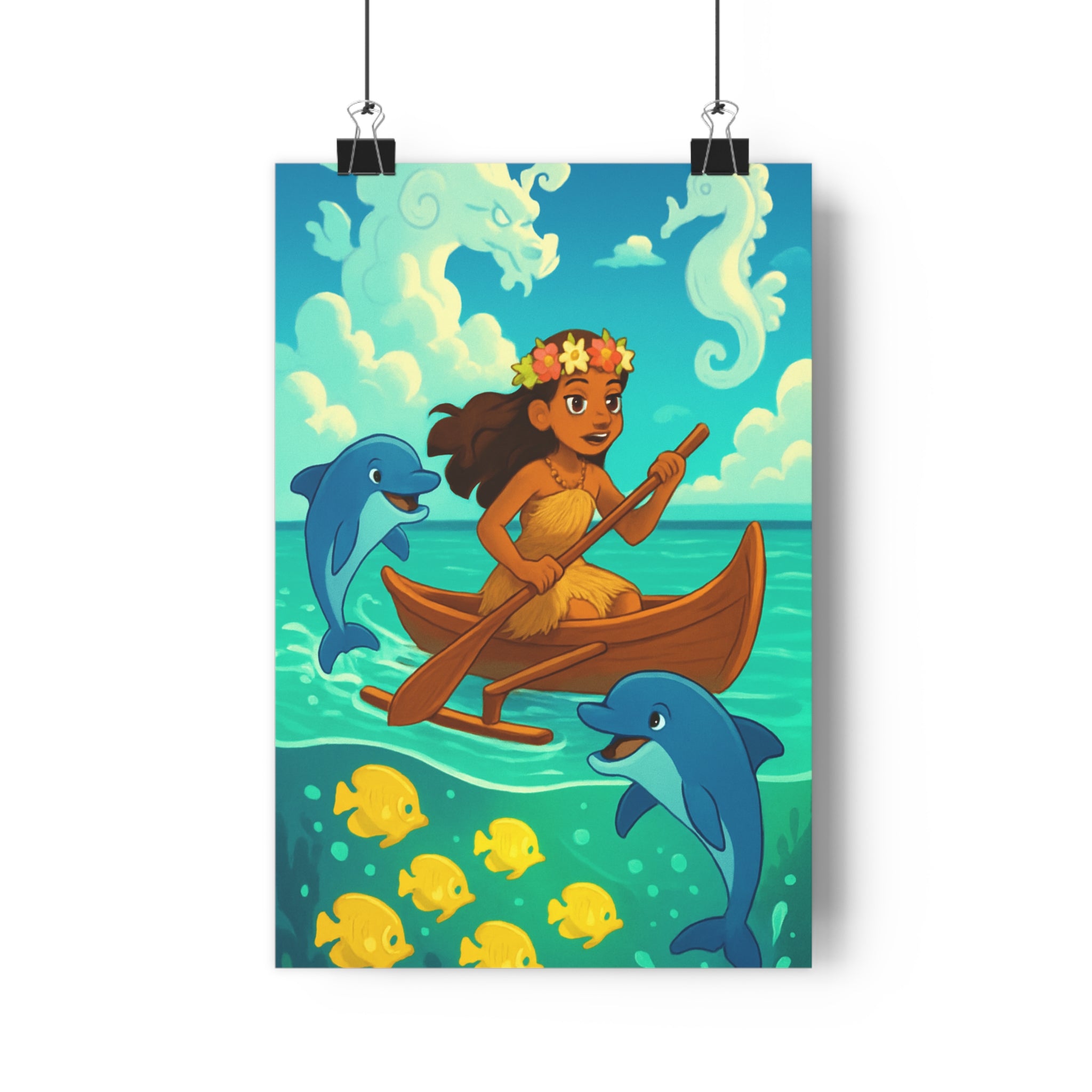 Poster décoratif aventure océan enfant chambre couleurs vives cartoon joyeux mystique dauphins poissons ambiance