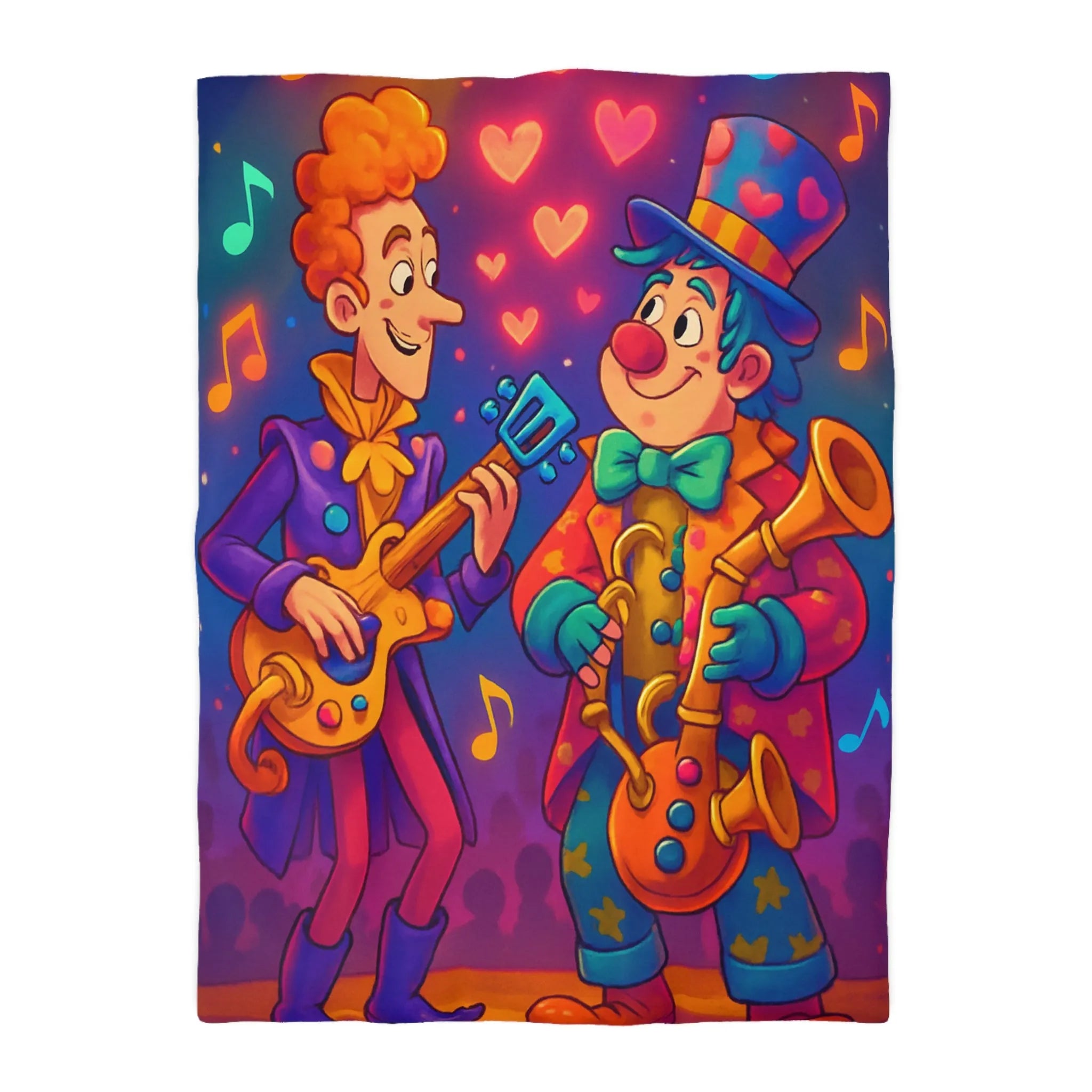 Housse de couette colorée avec musiciens joyeux jouant guitare et saxophone sous projecteurs