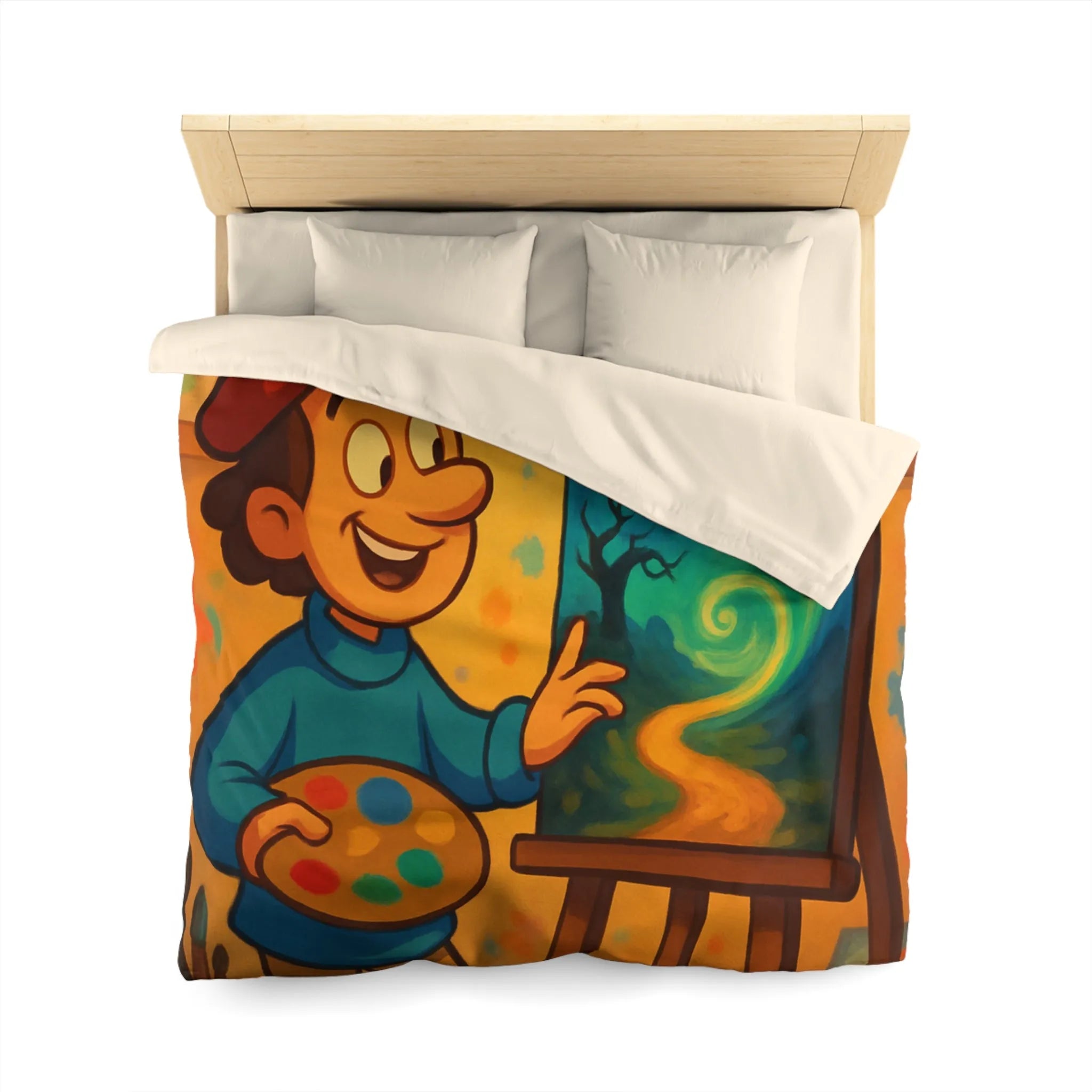 Housse de Couette Colorée avec Peintre Joyeux et Peinture Tourbillonnante Étoilée et Mystique