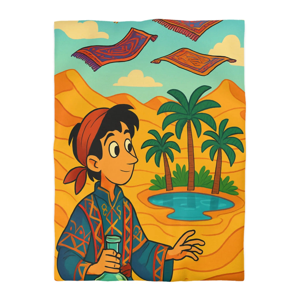 Housse de couette magique avec tapis volants et oasis sous ciel bleu désertique