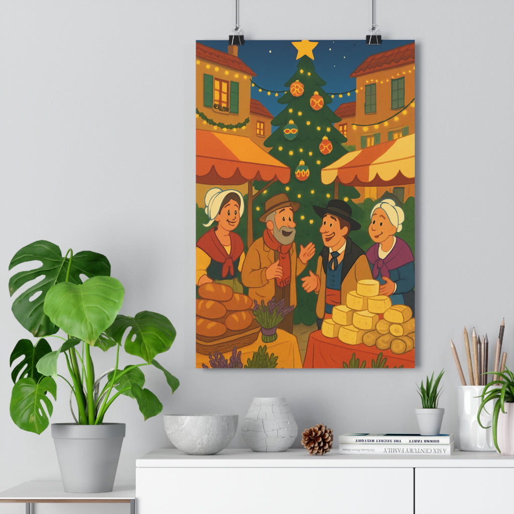 Poster décoratif cartoon provençal joyeux festif Noël marché sapin couleurs vives salon chambre maison
