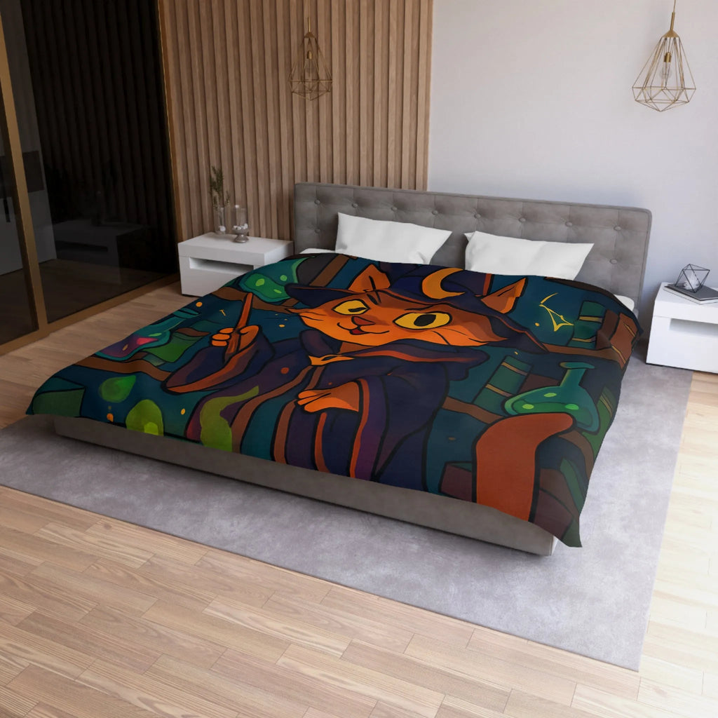 Housse de couette magique avec chat sorcier, chaudron et bibliothèque alchimiste enchanteresse