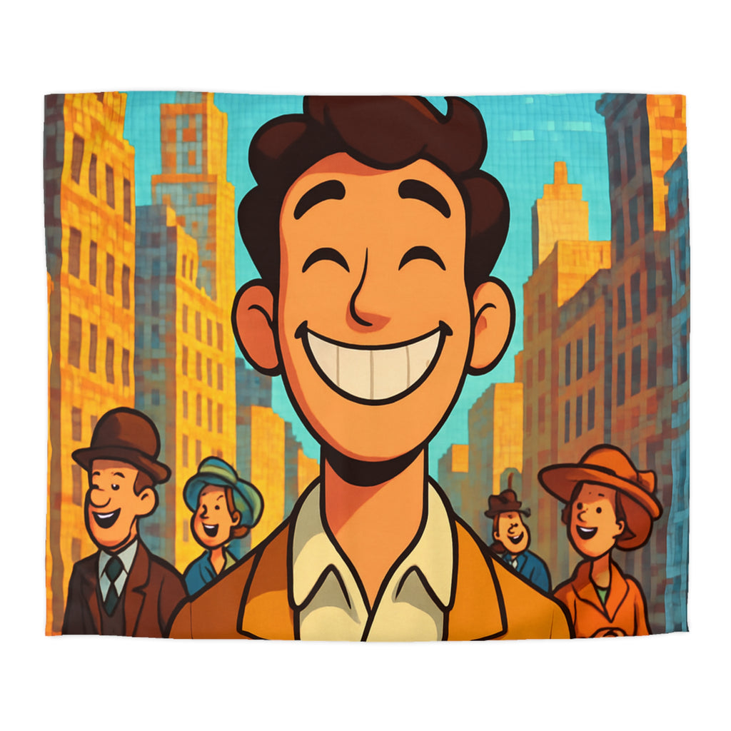 Housse de couette vintage avec personnages souriants et architecture urbaine en arrière-plan