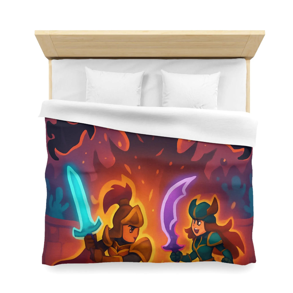 Housse de couette avec illustration fantasy de chevaliers affrontant ombre menaçante au théâtre