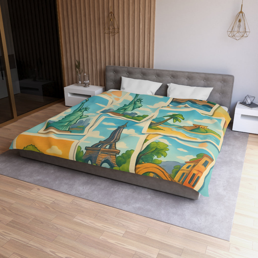 Voyage Mondial Coloré: Housse de Couette avec Monuments et Paysages Iconiques des Continents