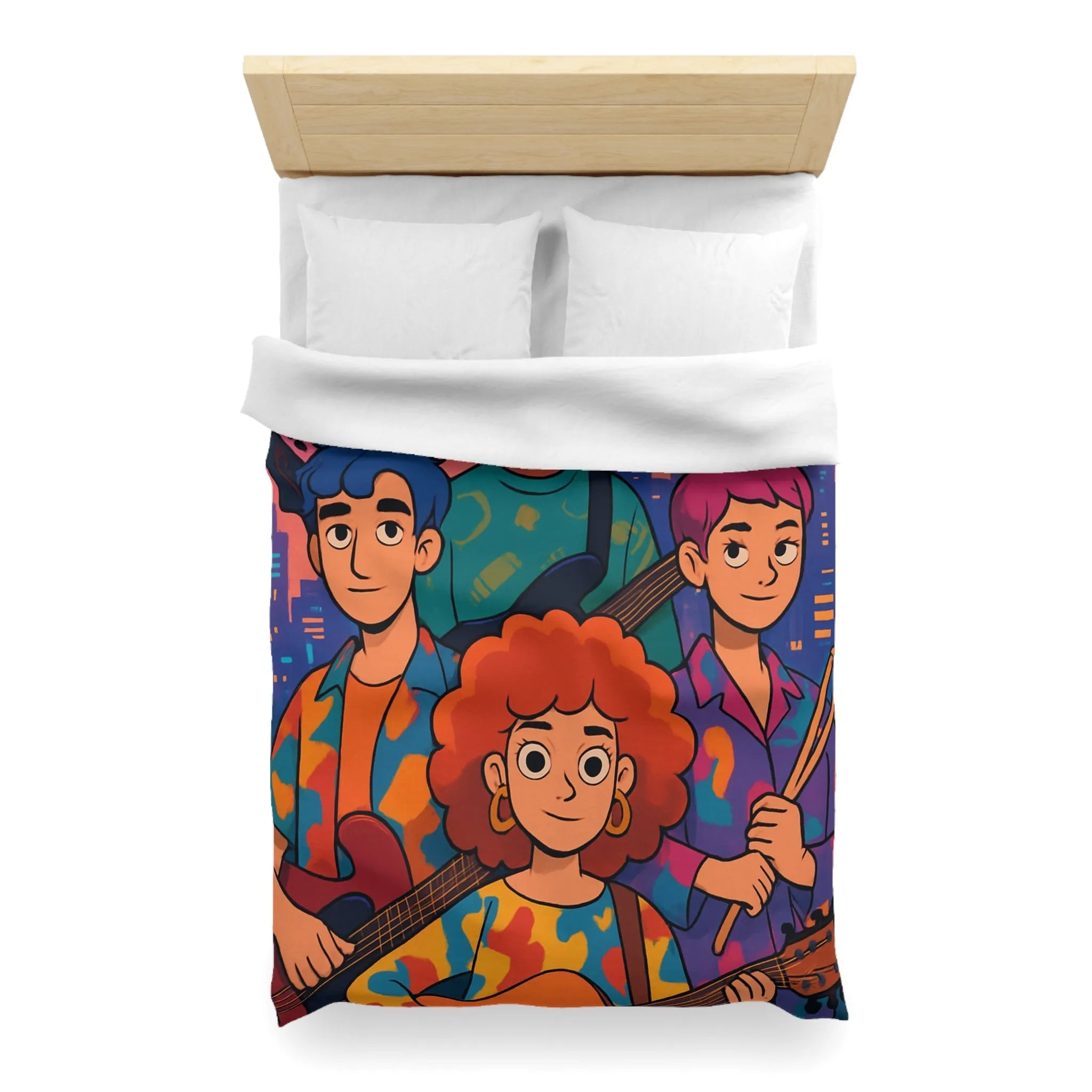 Housse de couette colorée avec groupe de musiciens devant un paysage urbain nocturne