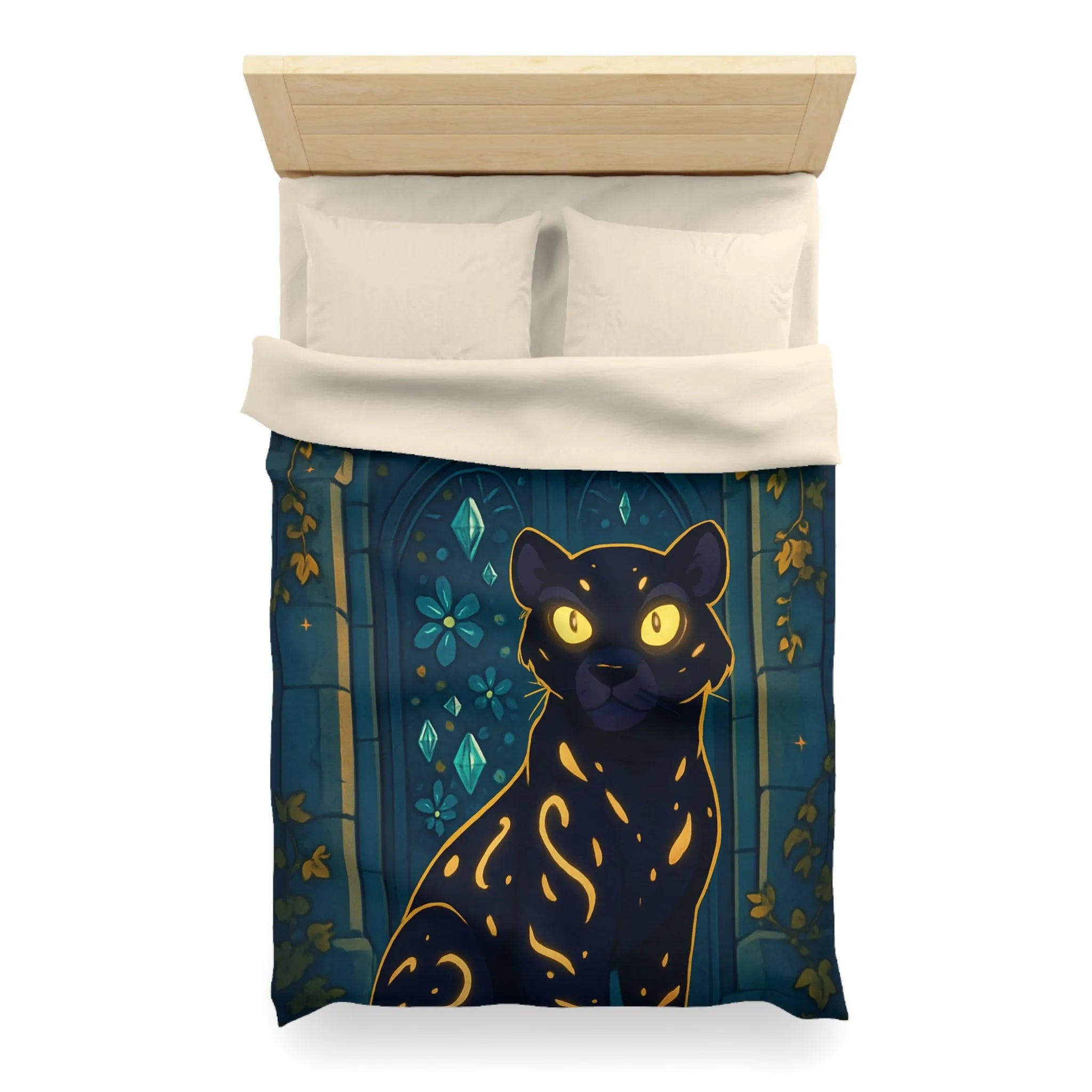 Housse de couette féline enchantée avec portail lunaire et arabesques dorées en forêt