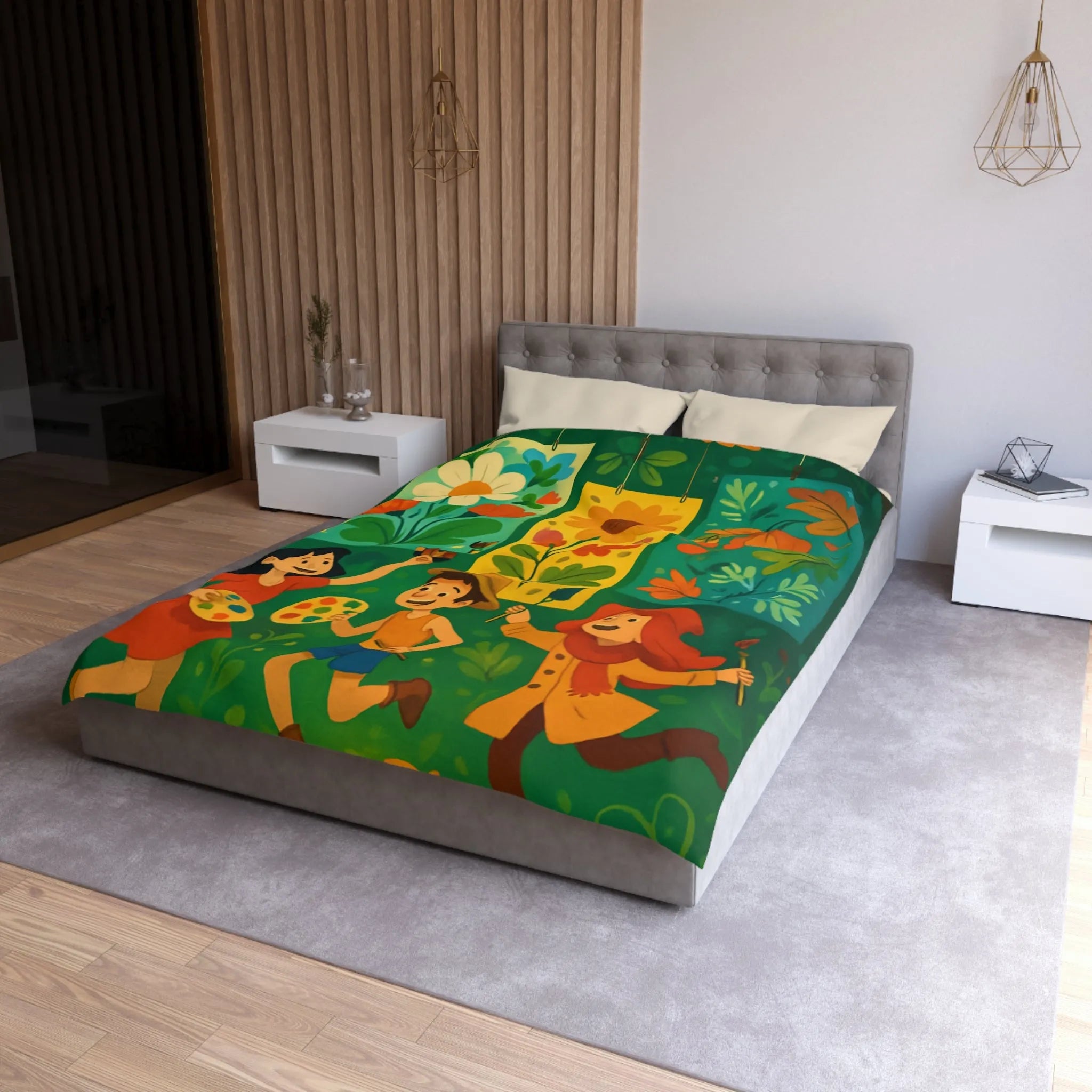 Housse de couette colorée avec design floral et personnages ludiques pour chambre joyeuse