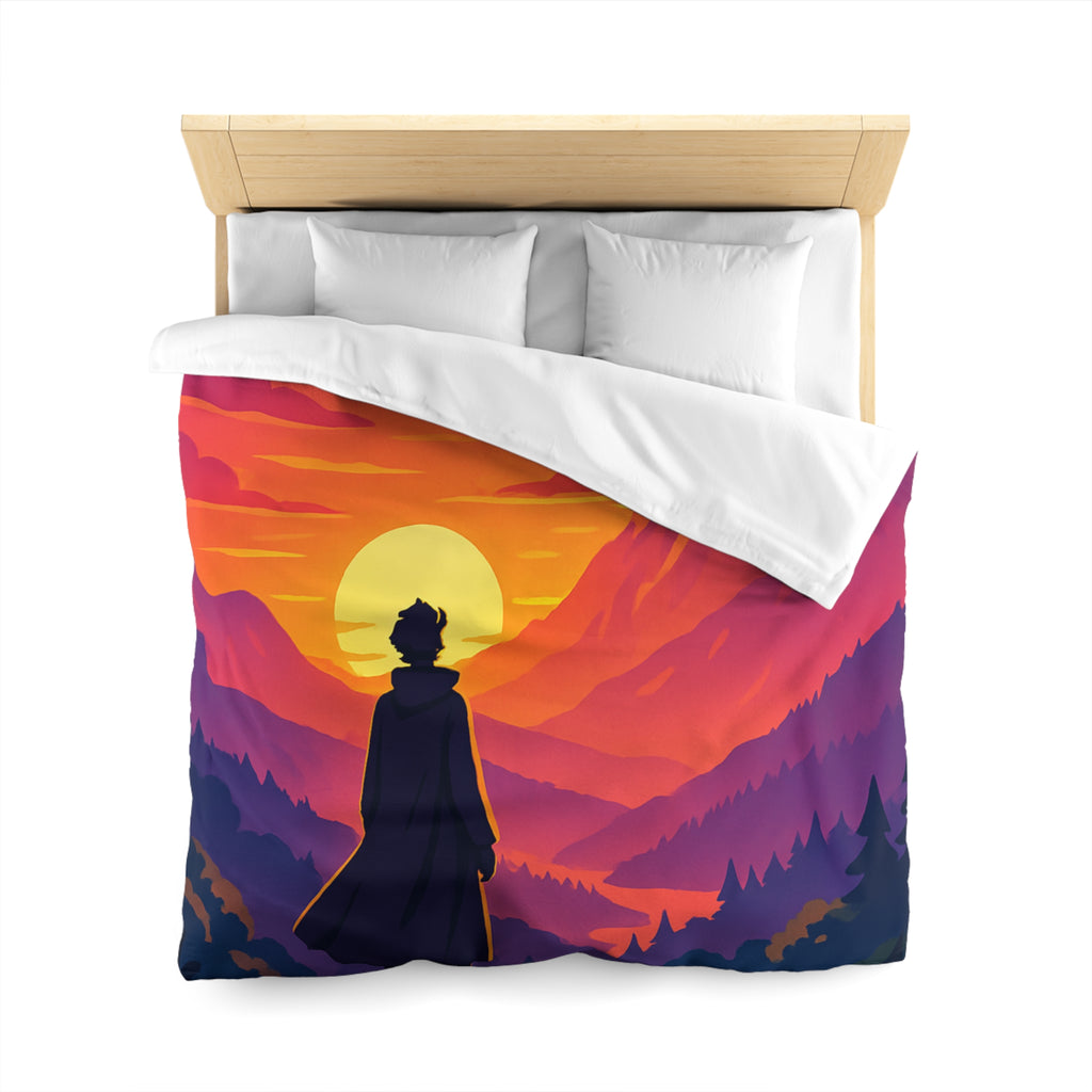 Housse de couette montagnes coucher de soleil silhouette homme paysage artistique vibrant