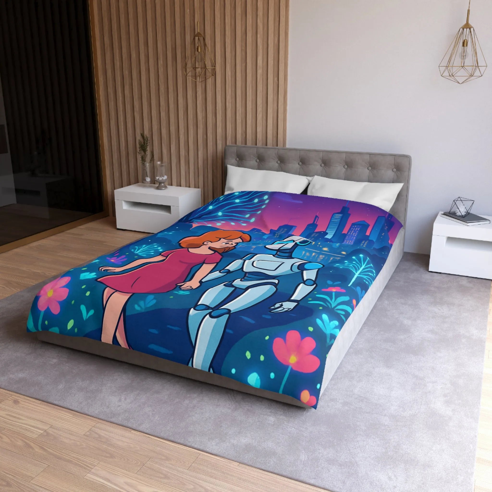 Housse de Couette Enchantée: Enfant et Robot dans un Univers Coloré et Futuriste