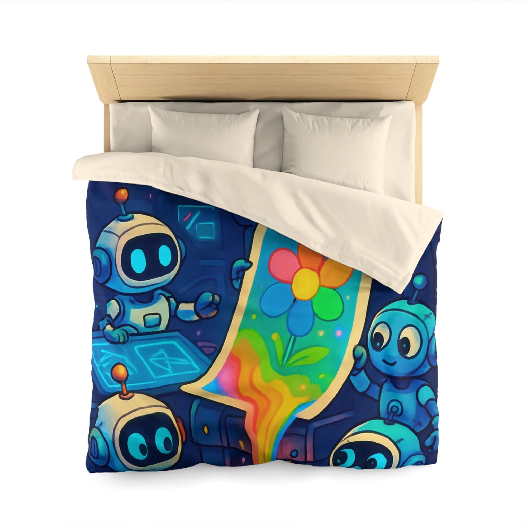 Drôles de robots imprimant une fleur colorée dans un atelier futuriste lumineux