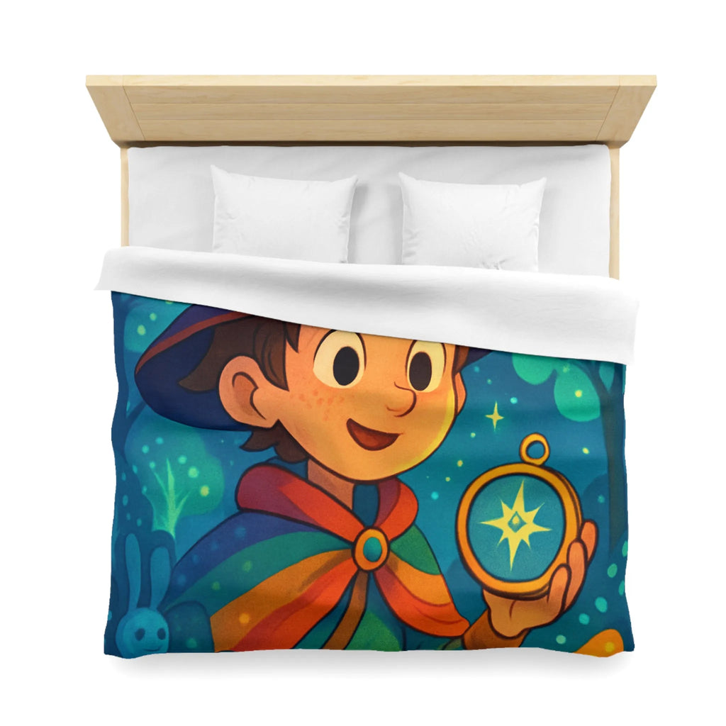 Housse de Couette Enfant Fantasy avec Sorcier et Dragon dans Forêt Enchantée Étoilée