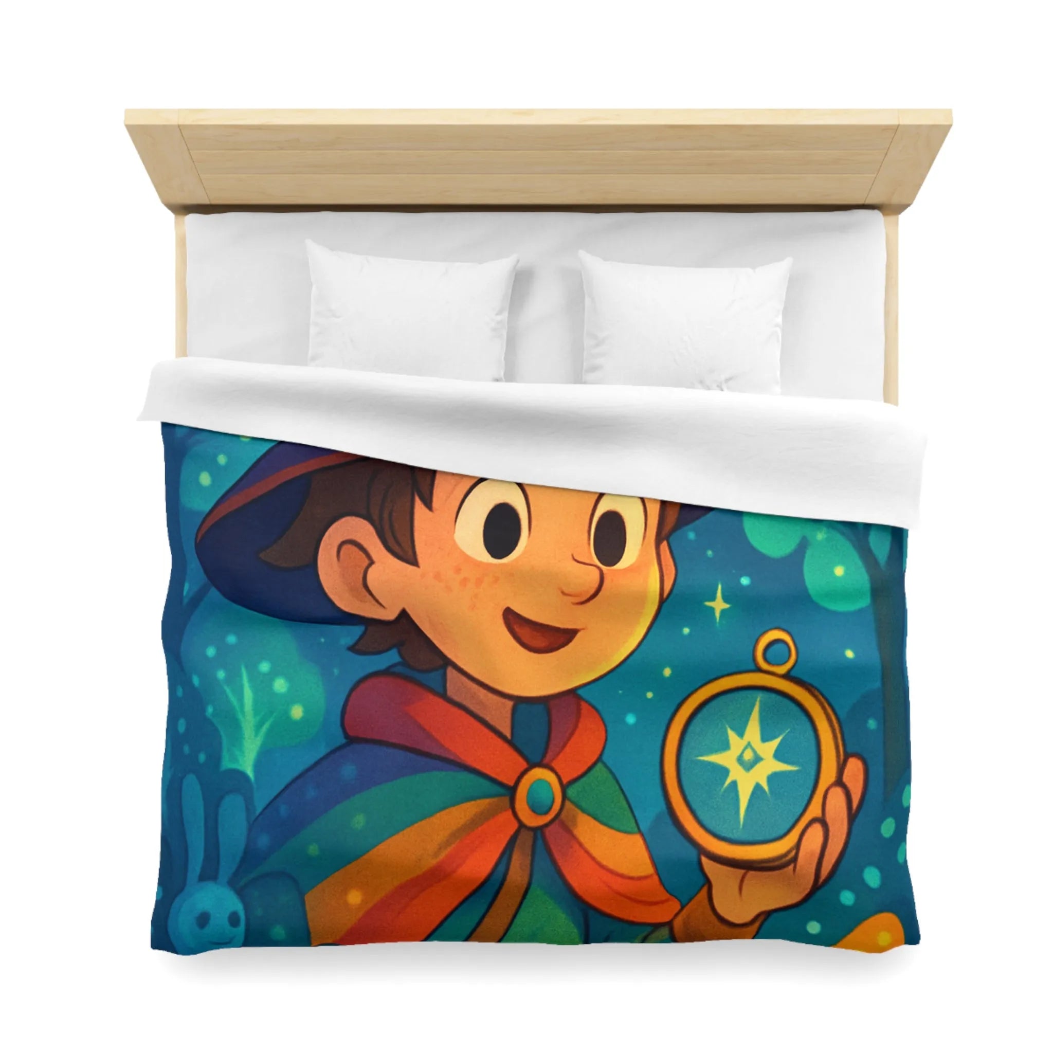 Housse de Couette Enfant Fantasy avec Sorcier et Dragon dans Forêt Enchantée Étoilée