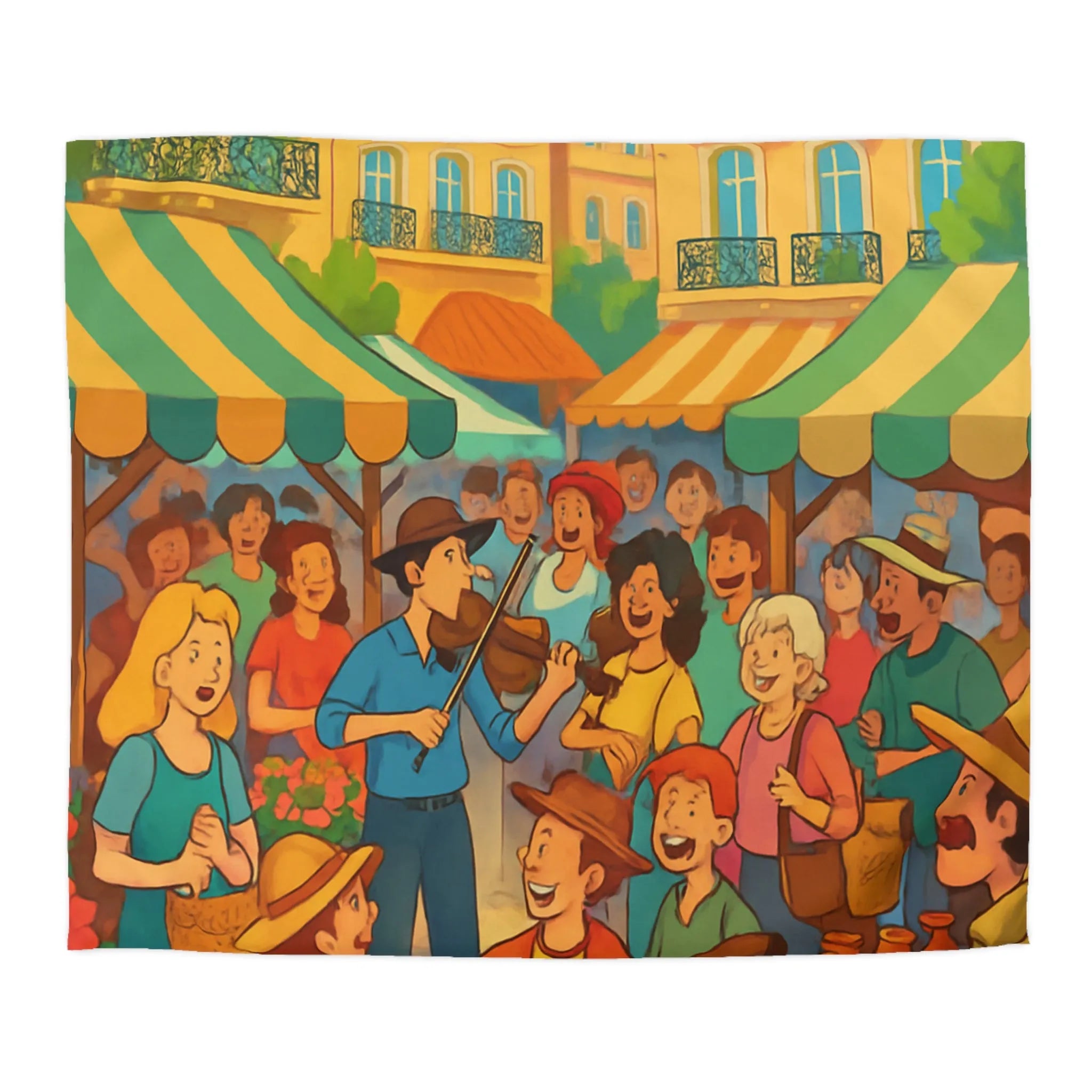 Housse de couette colorée avec scène de marché animé et ambiance joyeuse en plein air