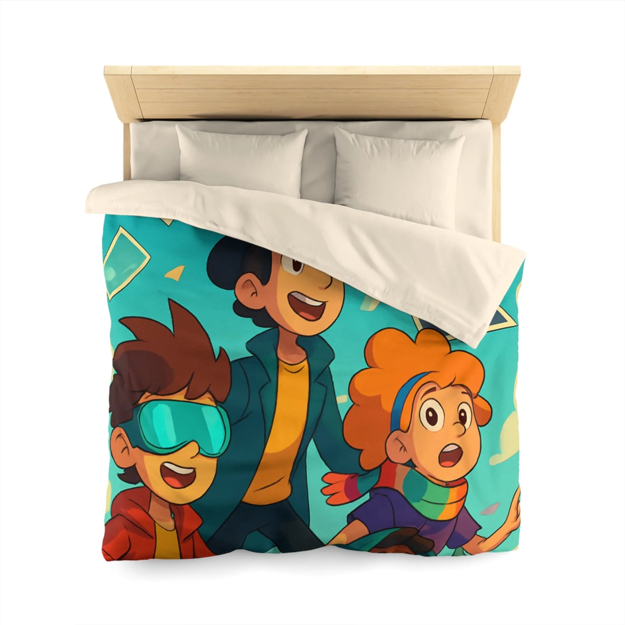 Housse de couette colorée avec enfants explorateurs et illustrations de paysages flottants