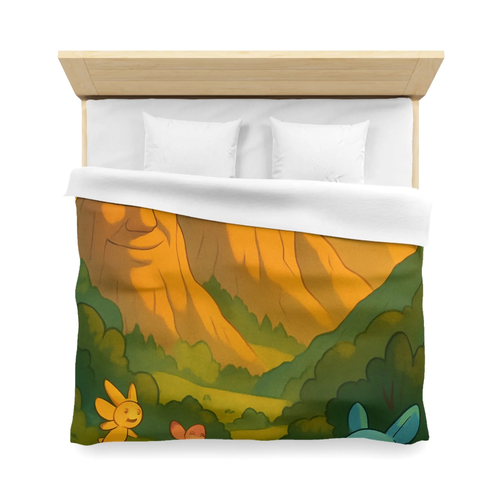 Housse de couette enfantine avec créatures en forêt sous montagnes souriantes au coucher de soleil