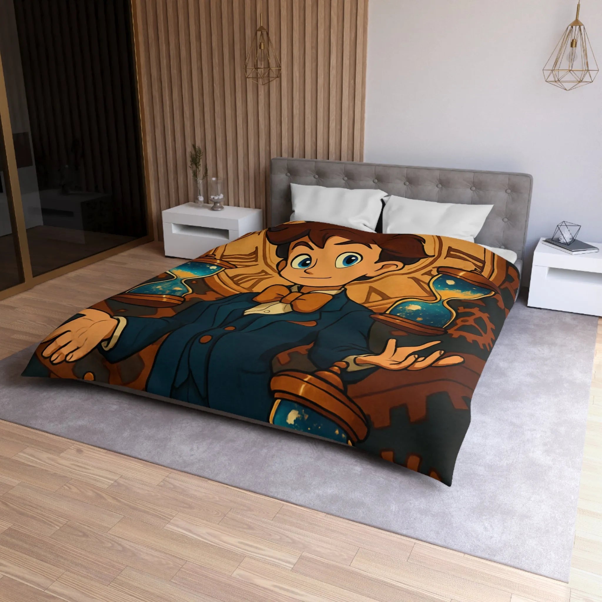 Élégante housse de couette thème horloger avec personnage stylisé et sabliers dorés