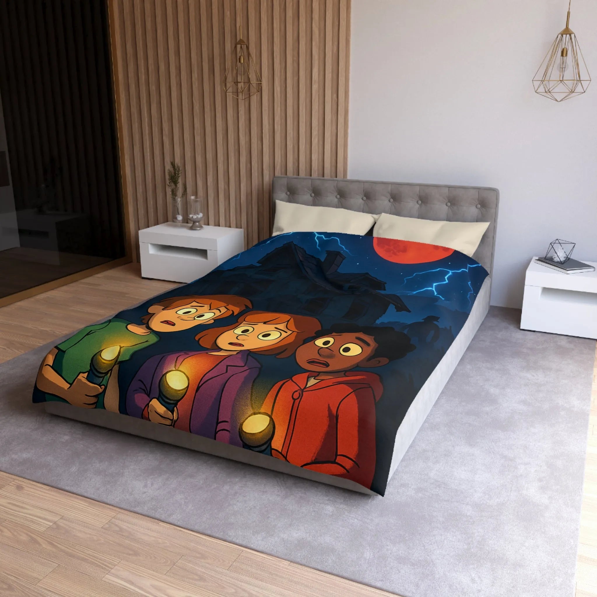 Housse de couette aventure mystérieuse, enfants explorant maison hantée sous lune rouge intrigante
