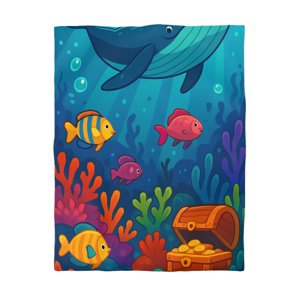Housse de couette océan magique, baleine heureuse, poissons colorés et trésor sous-marin