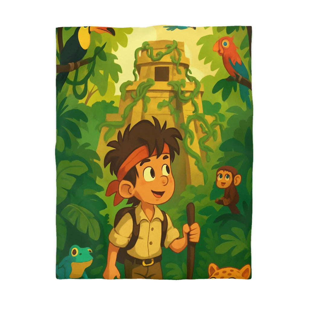 Housse de couette aventure jungle exotique pour chambre d'enfant avec animaux et temple