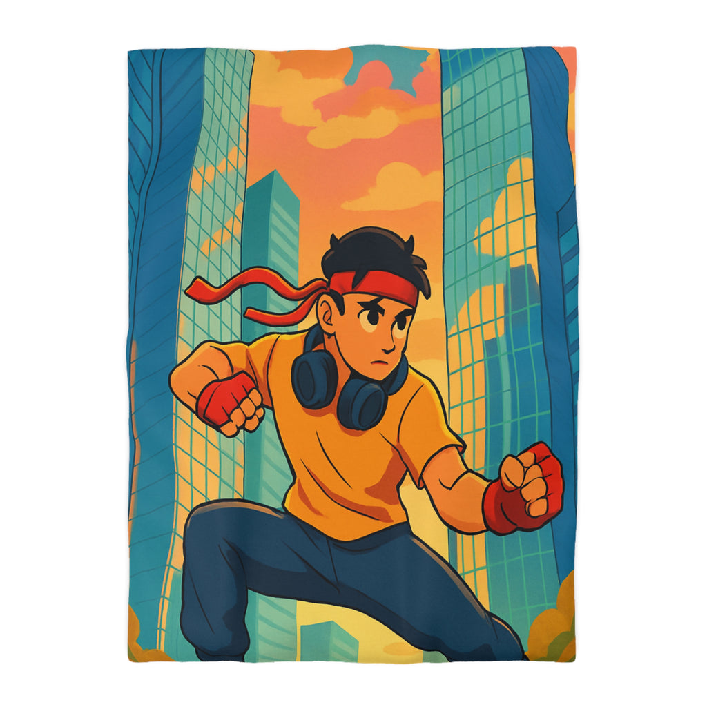 Housse de Couette Style Urbain Colorée avec Jeune Héros en Ville Moderne