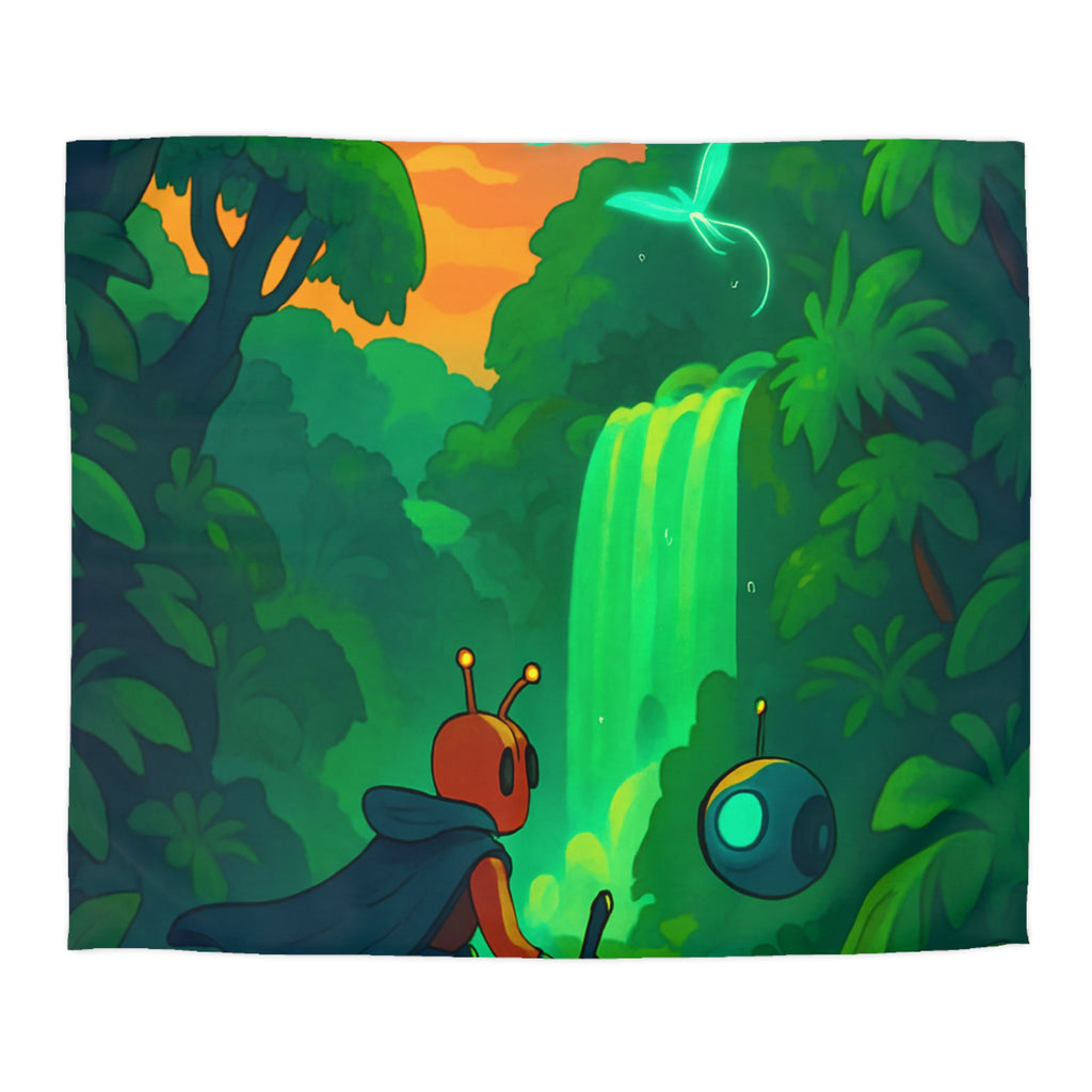 Housse de couette vibrante avec paysage extraterrestre mystérieux et personnage aventurier