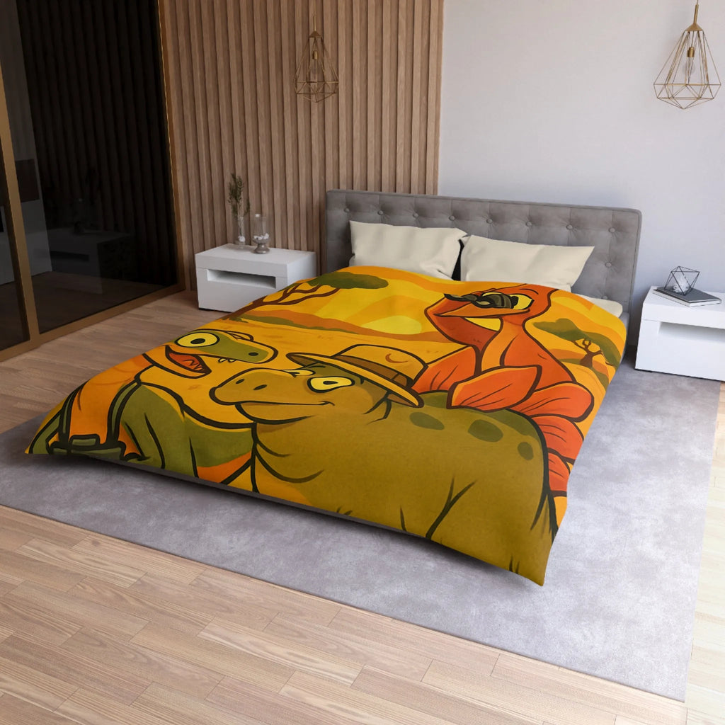 Housse de couette enfant illustrée dinosaures amusants safari coucher de soleil savane jungle