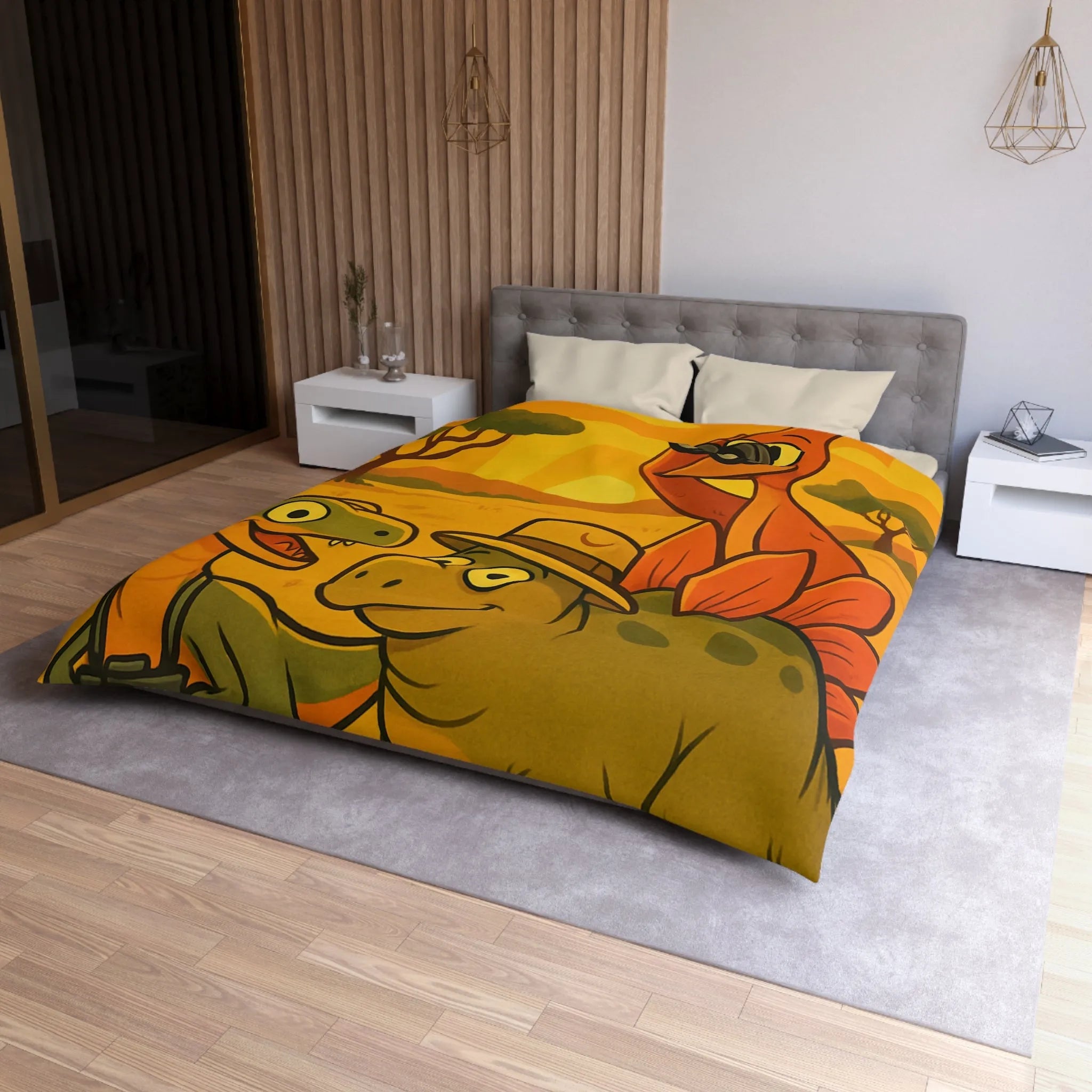 Housse de couette enfant illustrée dinosaures amusants safari coucher de soleil savane jungle