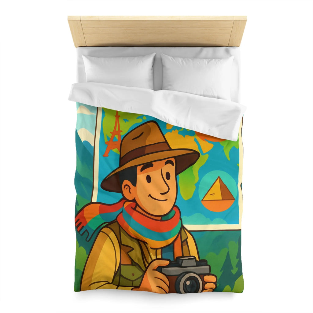 Housse de Couette Aventure Monde Carte Explorateur avec Illustrations Colorées et Éléments Culturels