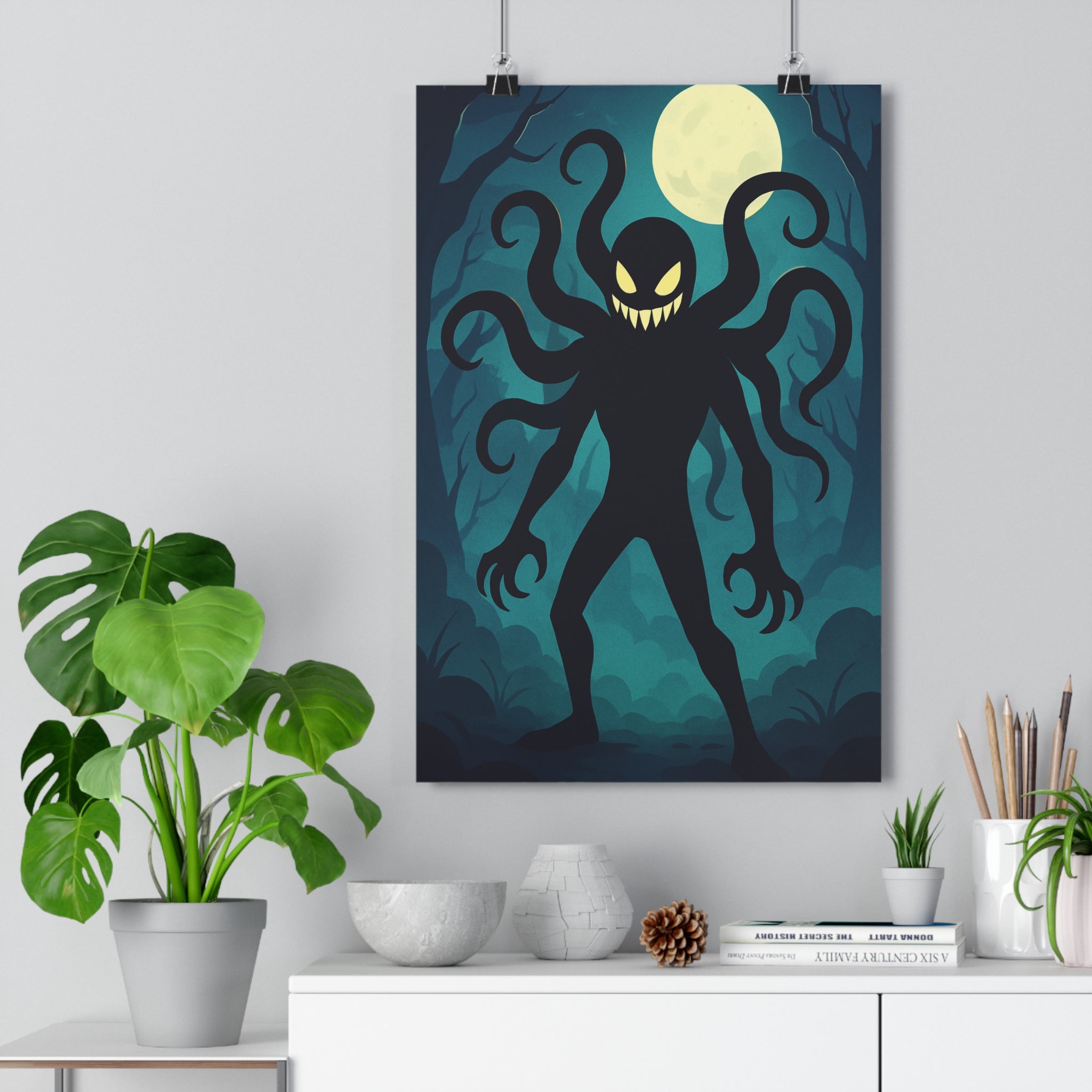 Poster décoratif anime gothique noir bleu nuit mystique créature chambre tentacules obscurité inquiétant silhouette
