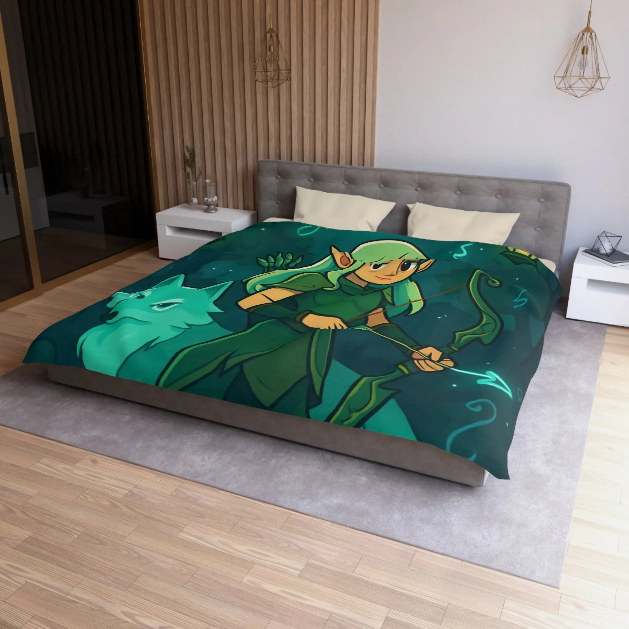 Housse de couette elfe archère et loup sous lune magique dans forêt mystérieuse
