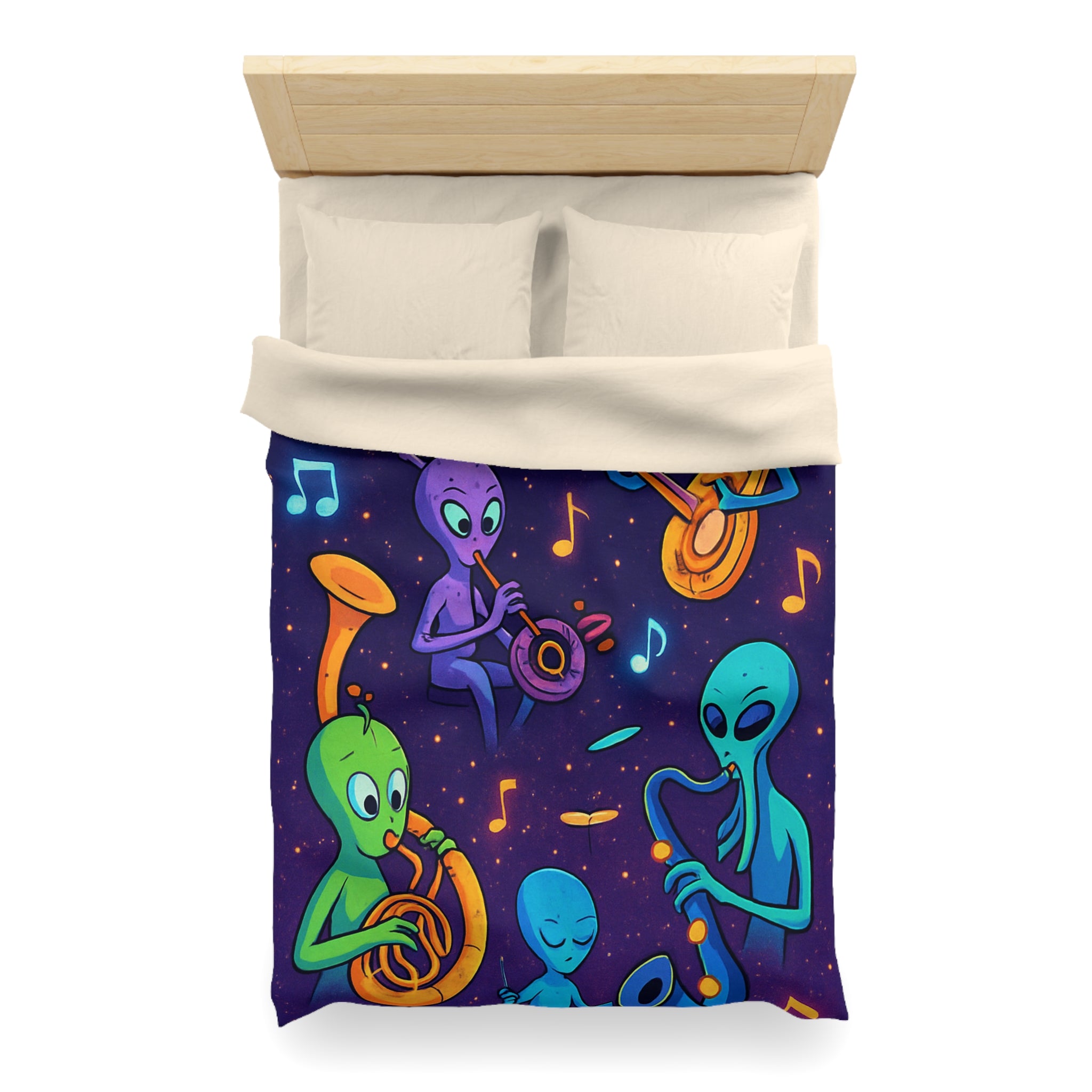 Housse de Couette Motif Aliens Musiciens Colorés Enchantant L'univers Spatial Fantastique