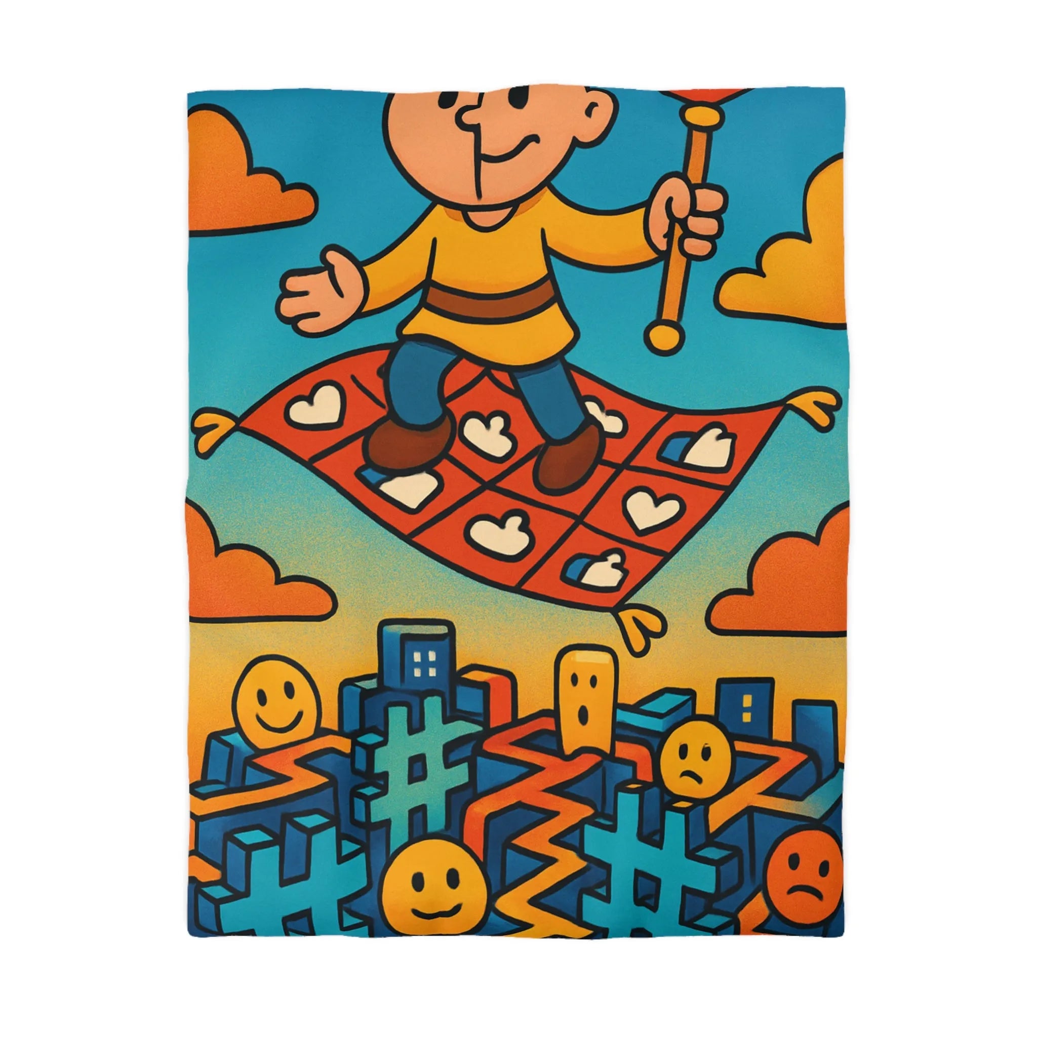 Housse de couette colorée avec un personnage sur un tapis volant magique