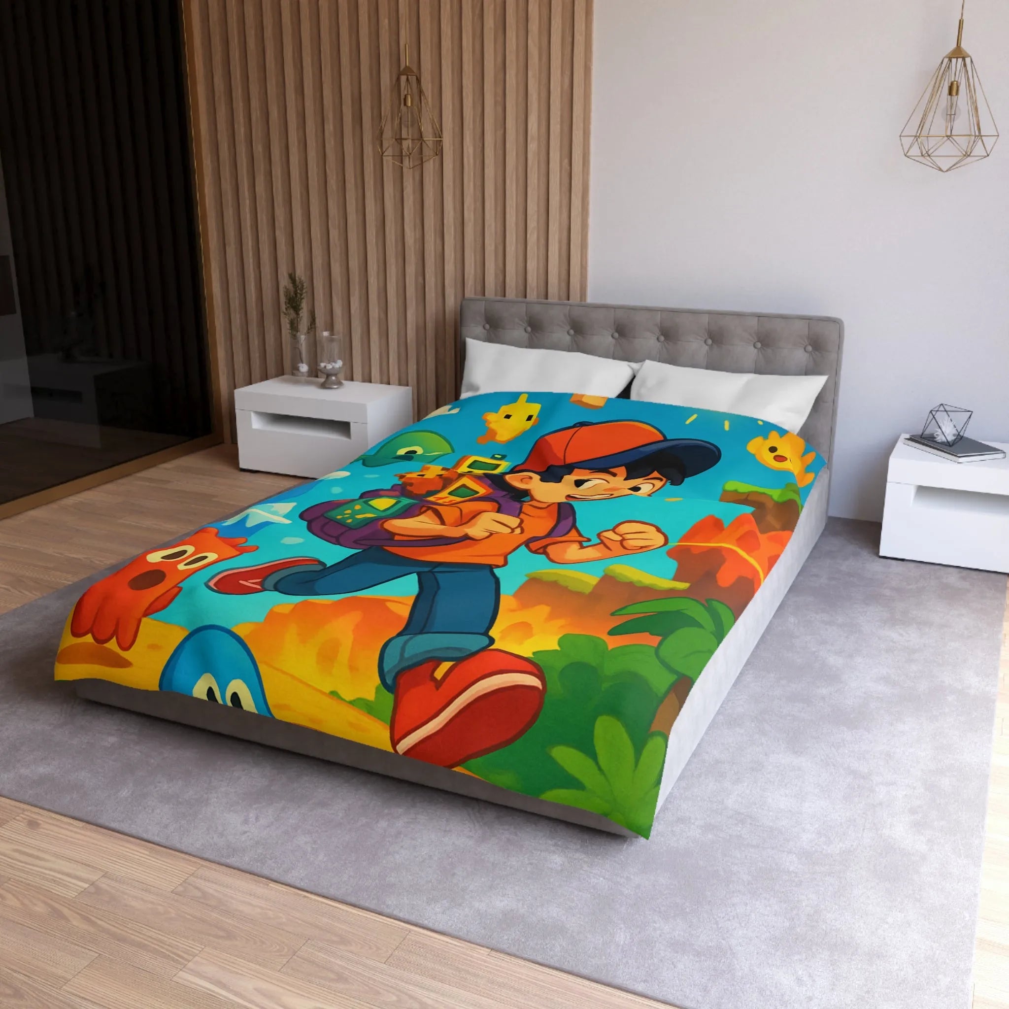 Housse de couette enfant joyeuse au design rétro jeu vidéo couleurs vives