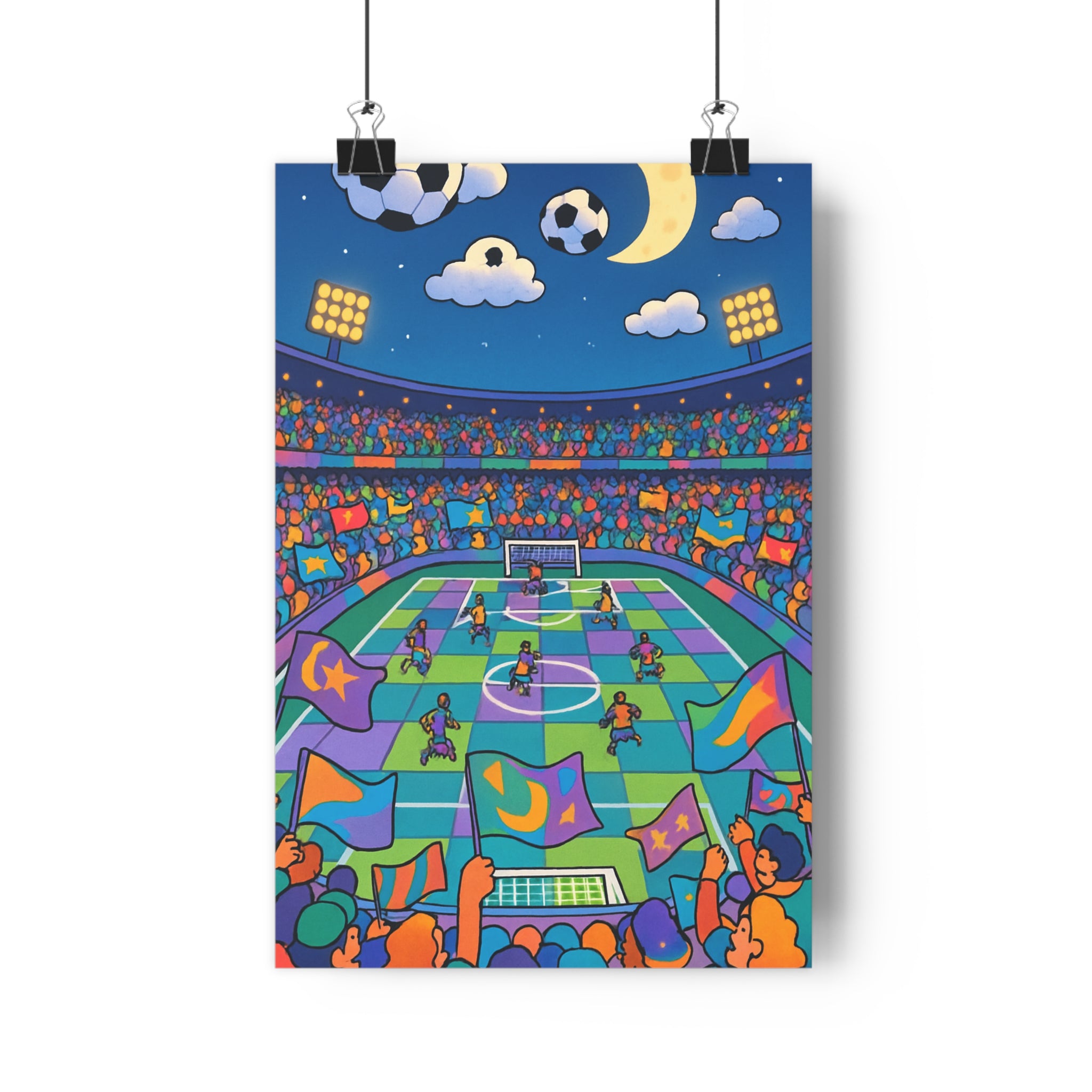 Poster décoratif football fantastique surréaliste coloré bleu violet vert chambre enfant sport unique qualité