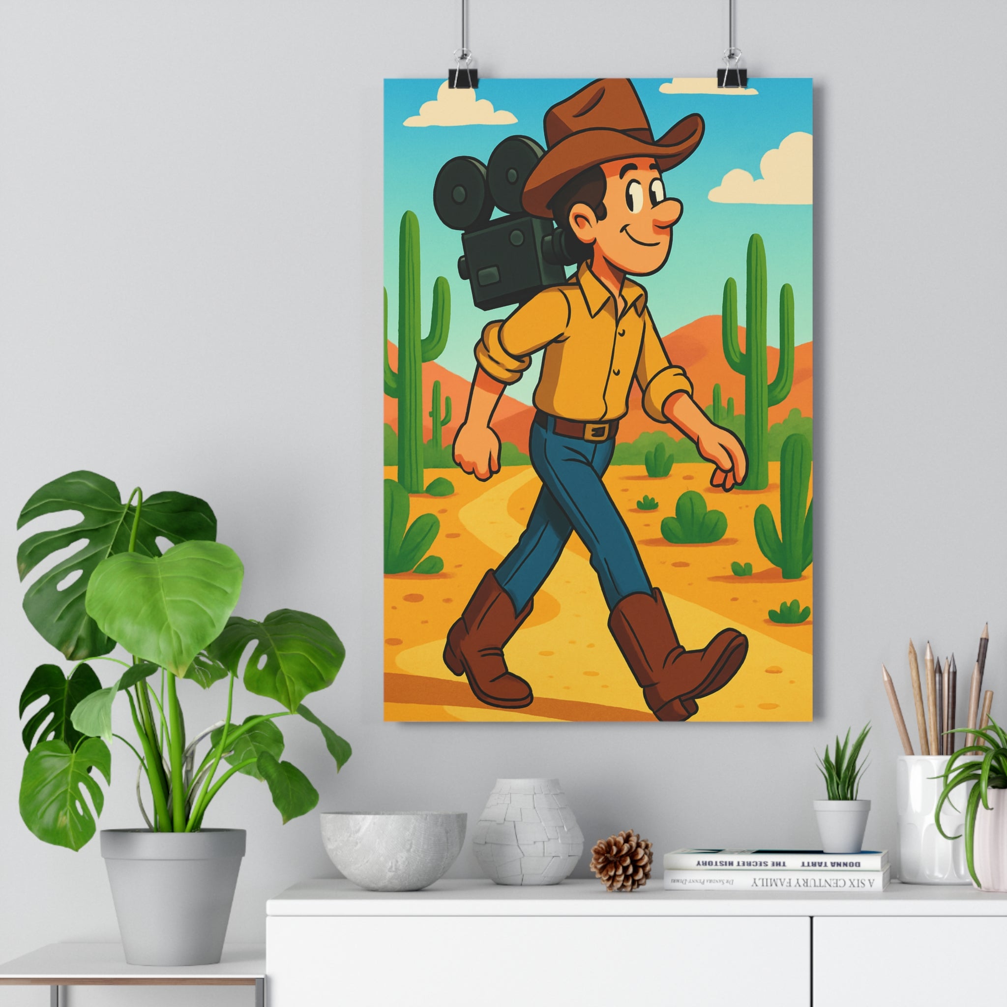 Poster décoratif rétro cartoon sépia aventure nostalgique joyeux chambre salon style vintage paysage désertique